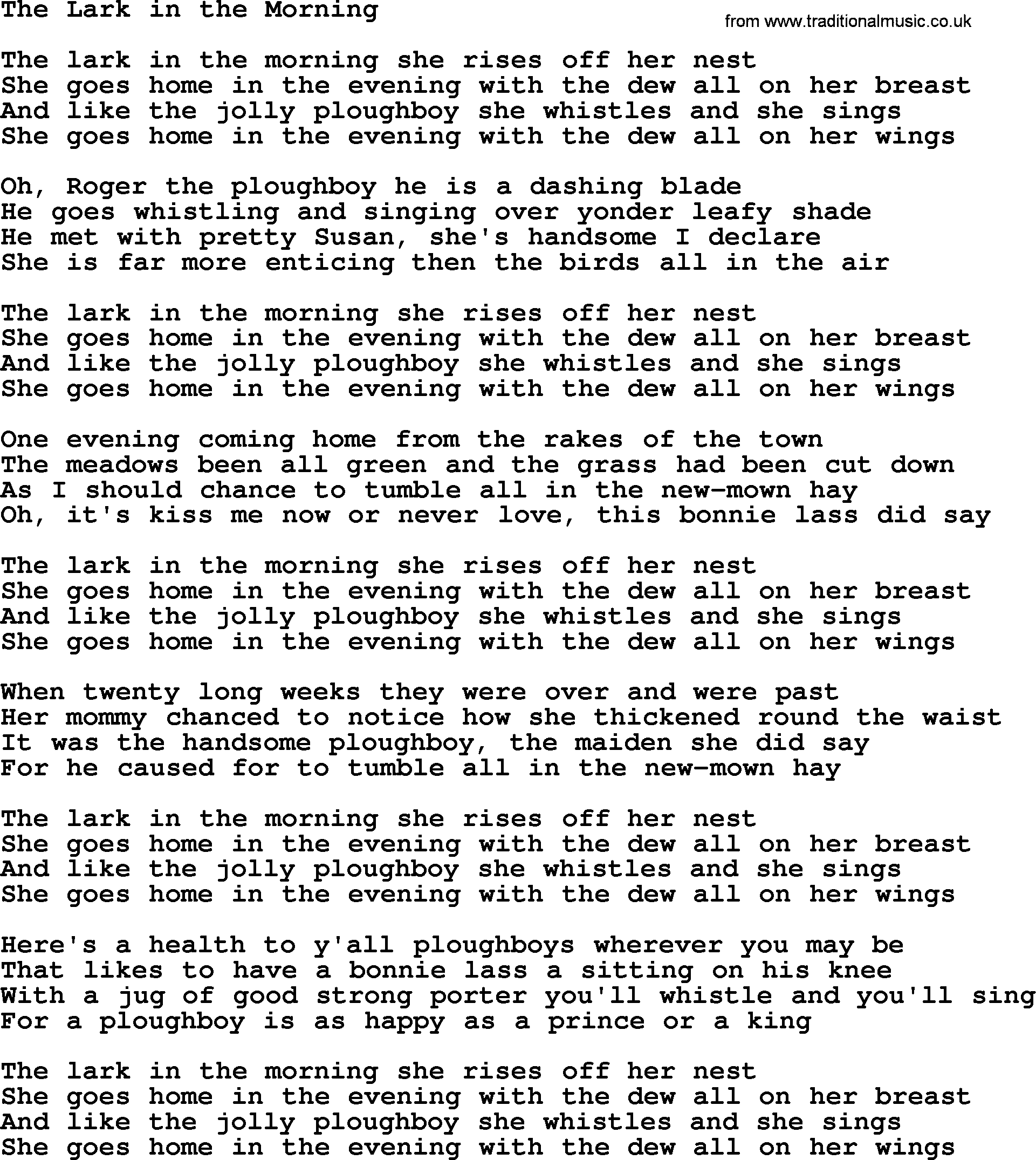 The Dubliners song: The Lark In The Morning, lyrics
