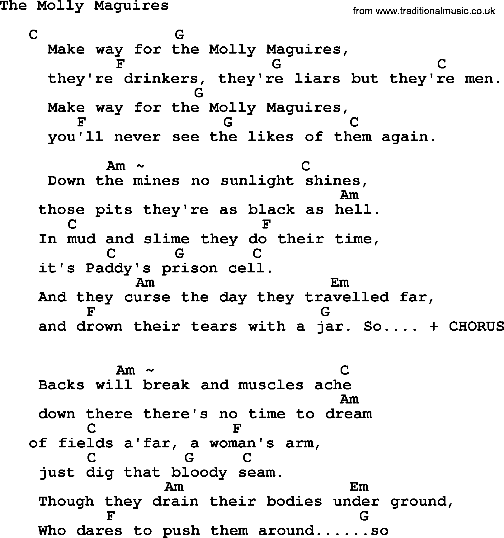 The Dubliners song: The Molly Maguires, lyrics and chords