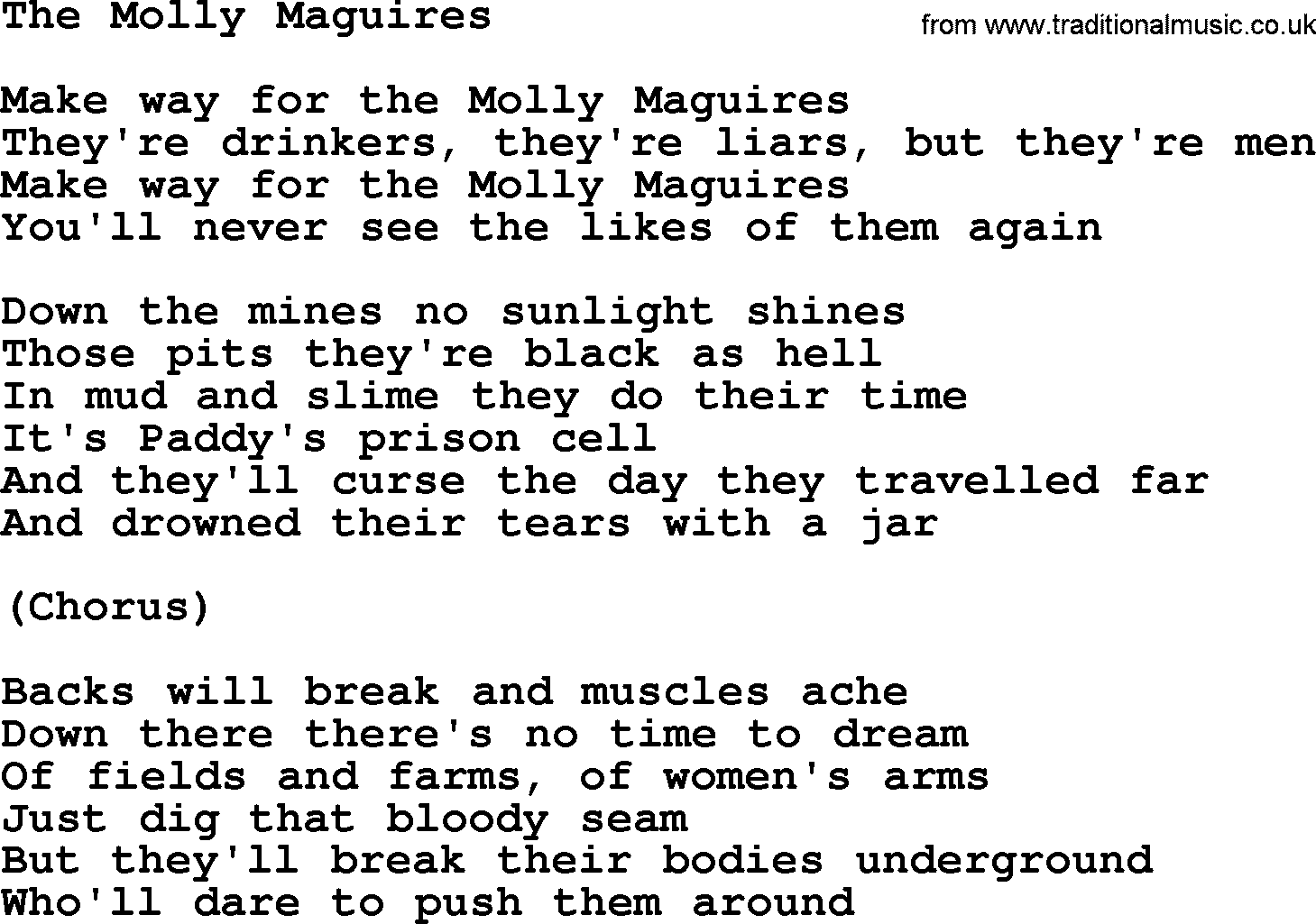 The Dubliners song: The Molly Maguires, lyrics