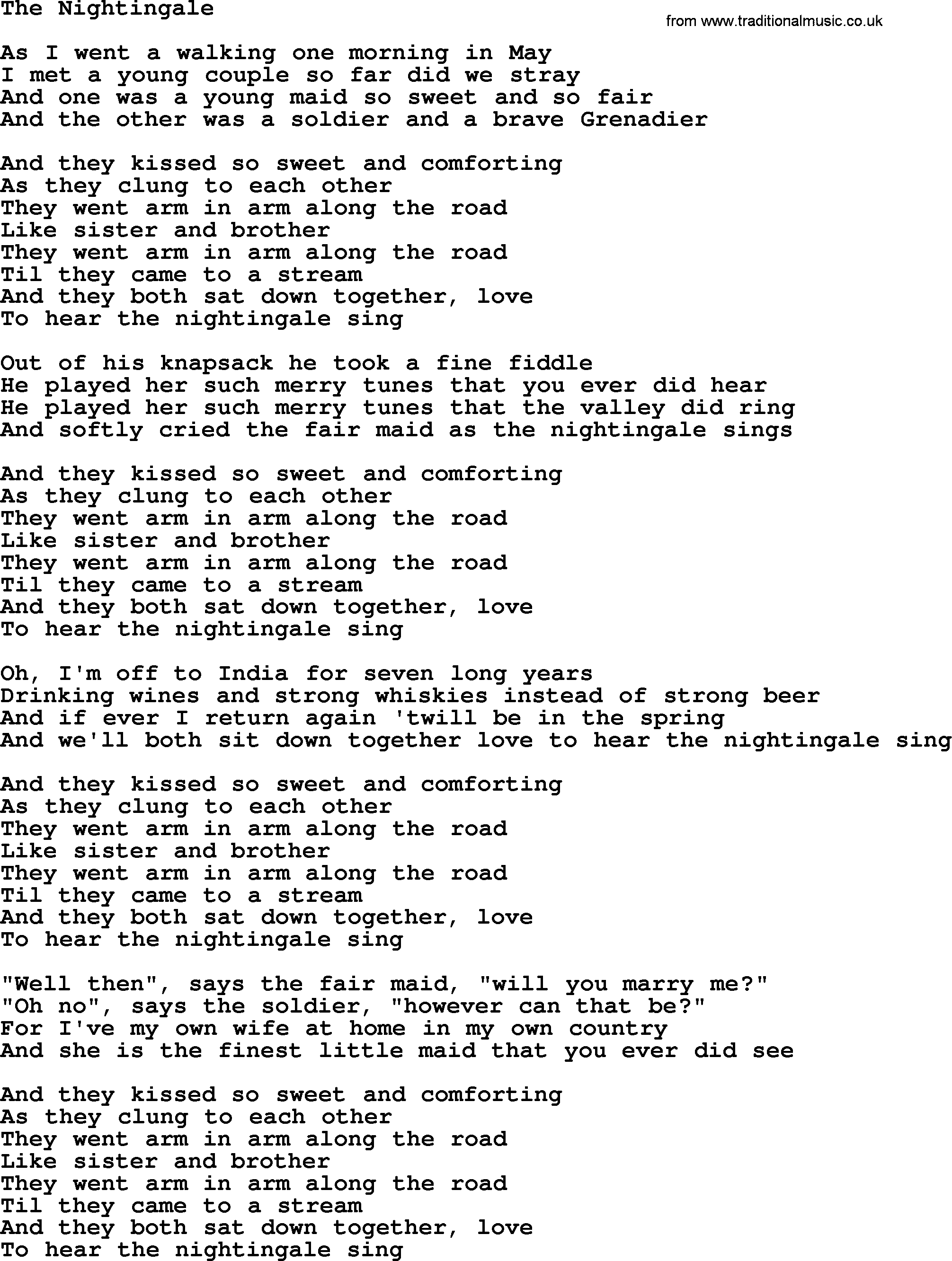 The Dubliners song: The Nightingale, lyrics