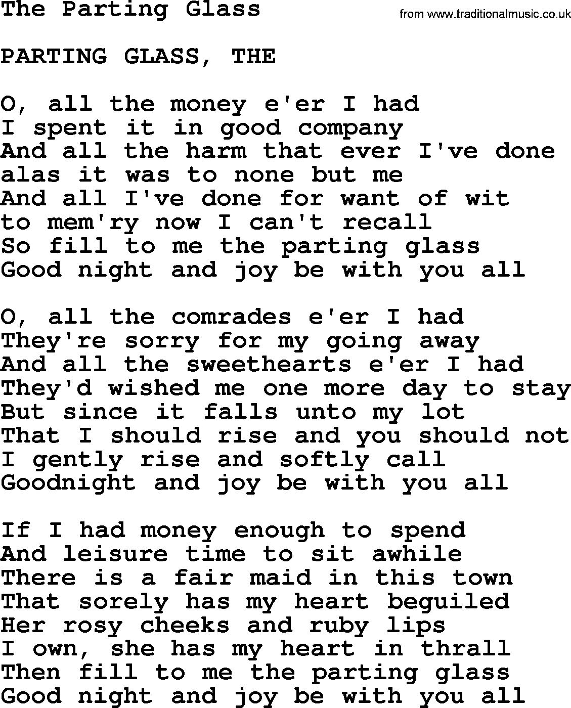 The Dubliners song: The Parting Glass, lyrics