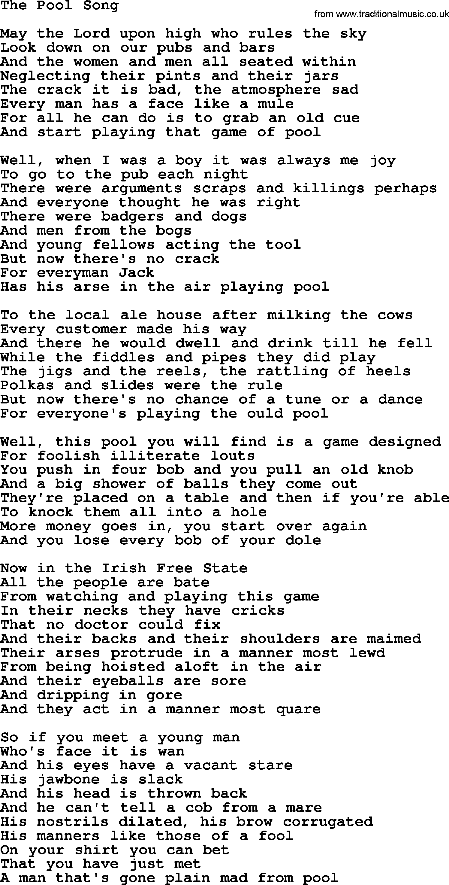 The Dubliners song: The Pool Song, lyrics