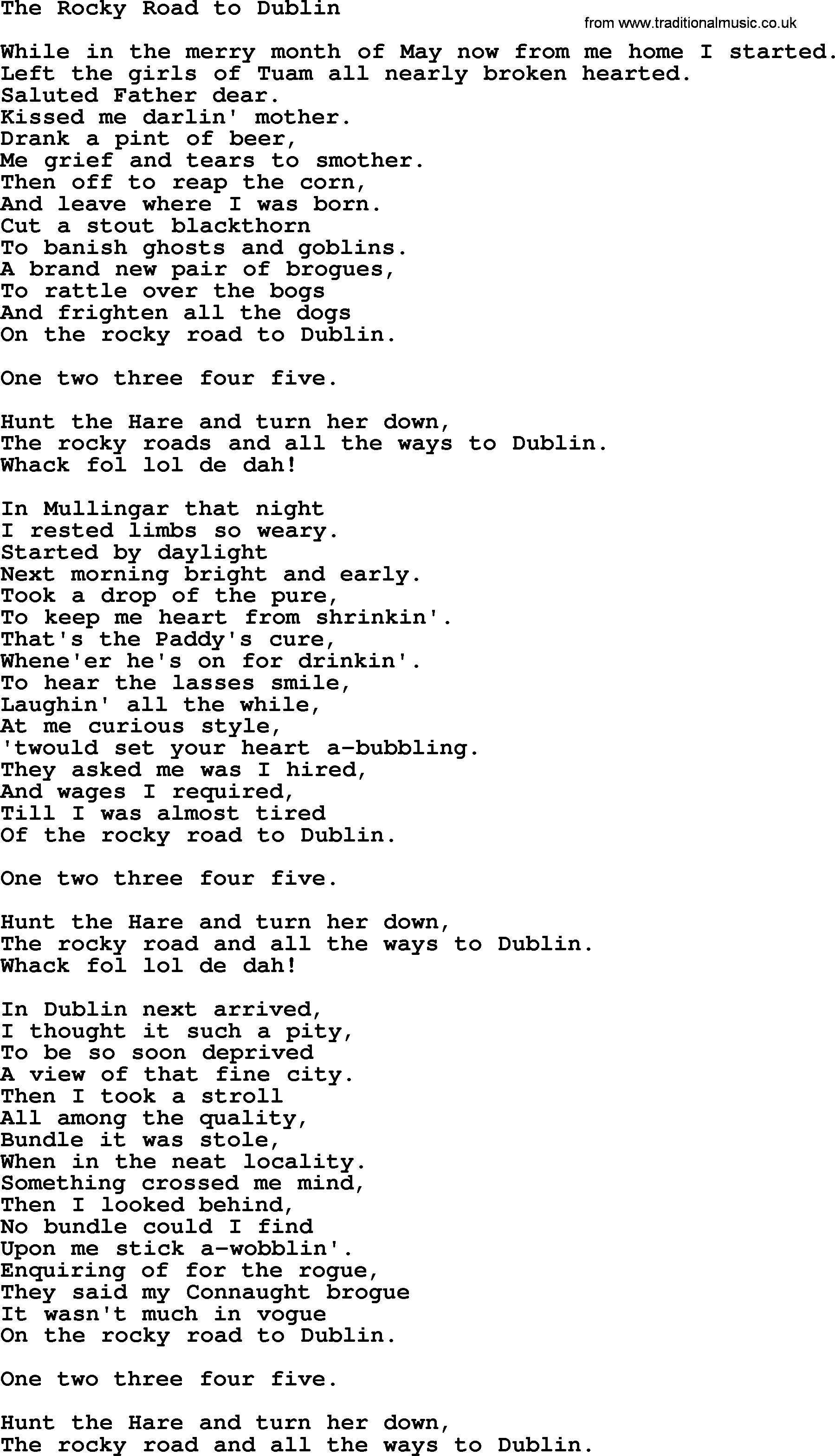 The Dubliners song: The Rocky Road To Dublin, lyrics