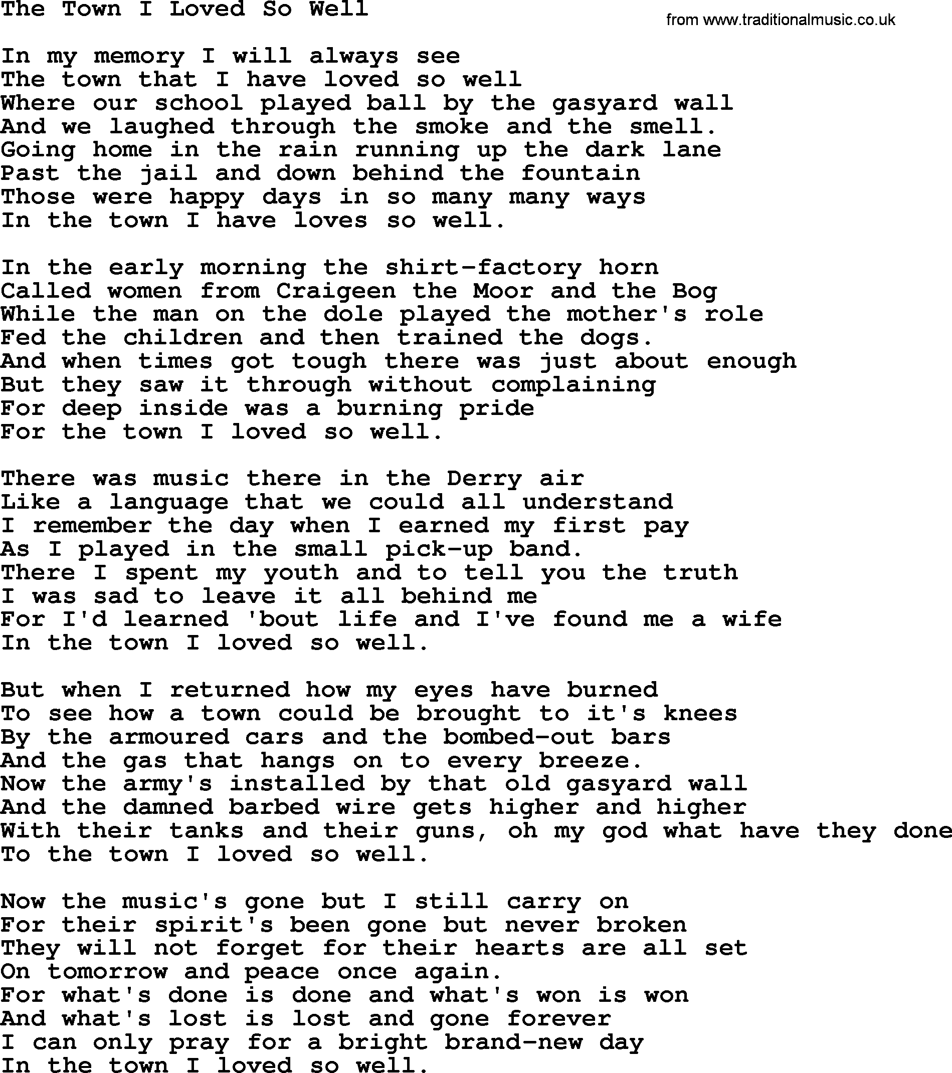 The Dubliners song: The Town I Loved So Well, lyrics