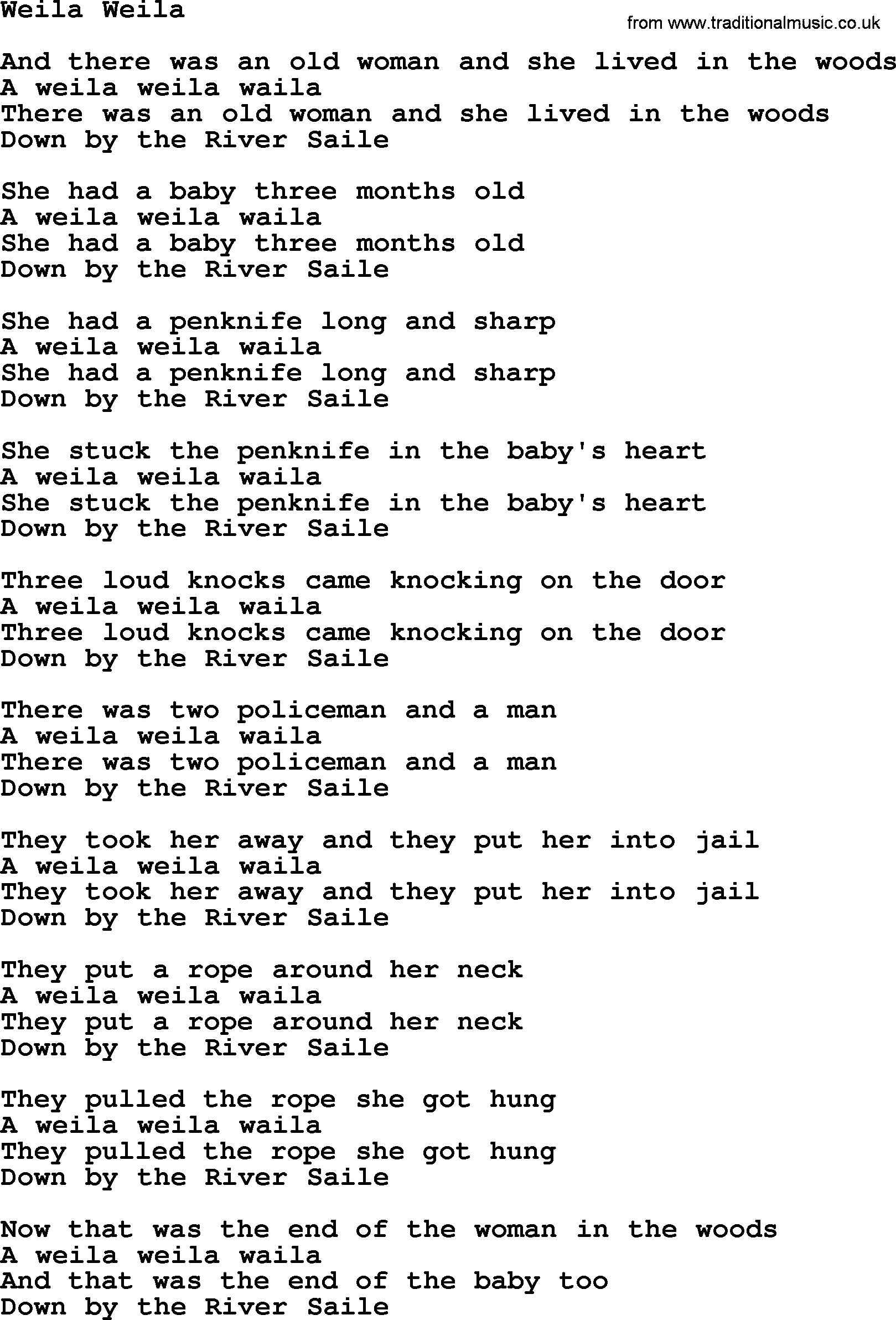 The Dubliners song: Weila Weila, lyrics