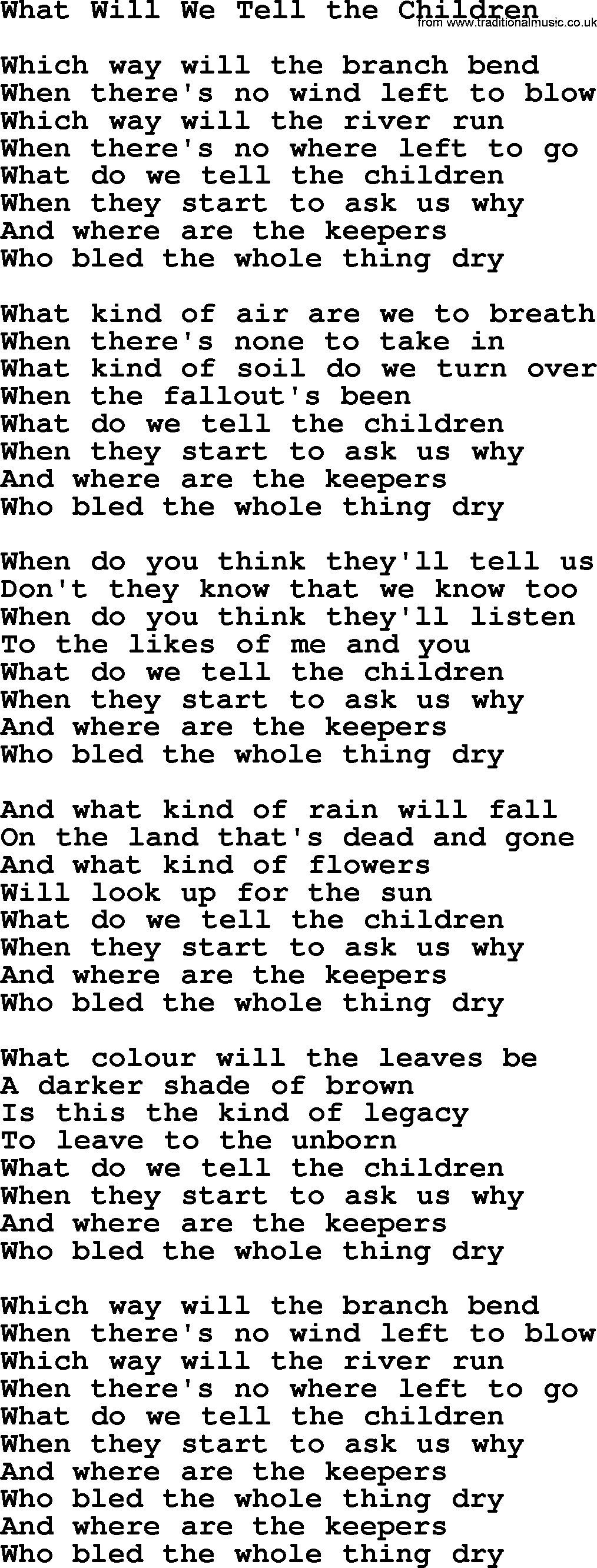 The Dubliners song: What Will We Tell The Children, lyrics