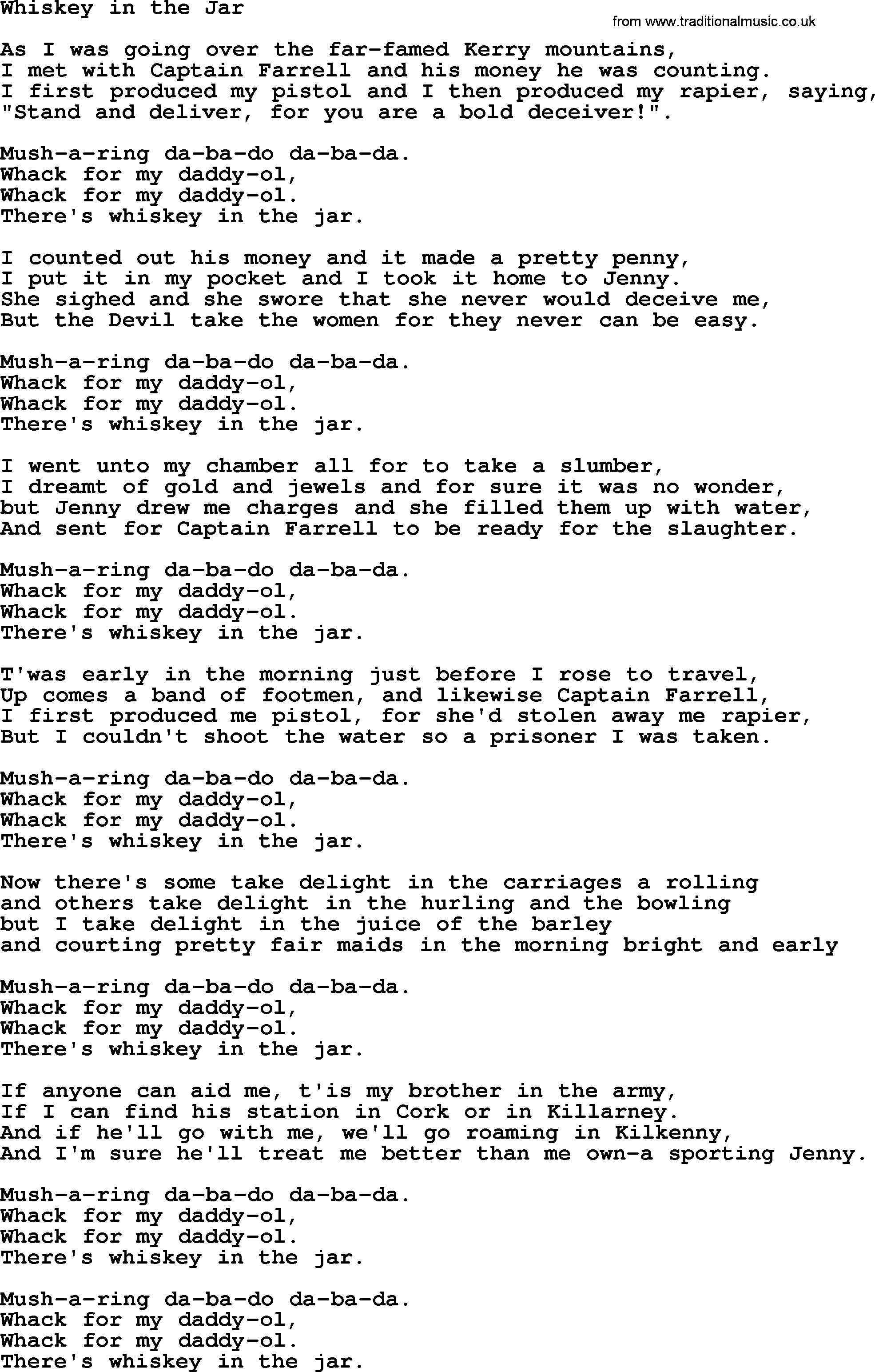 The Dubliners song: Whiskey In The Jar, lyrics