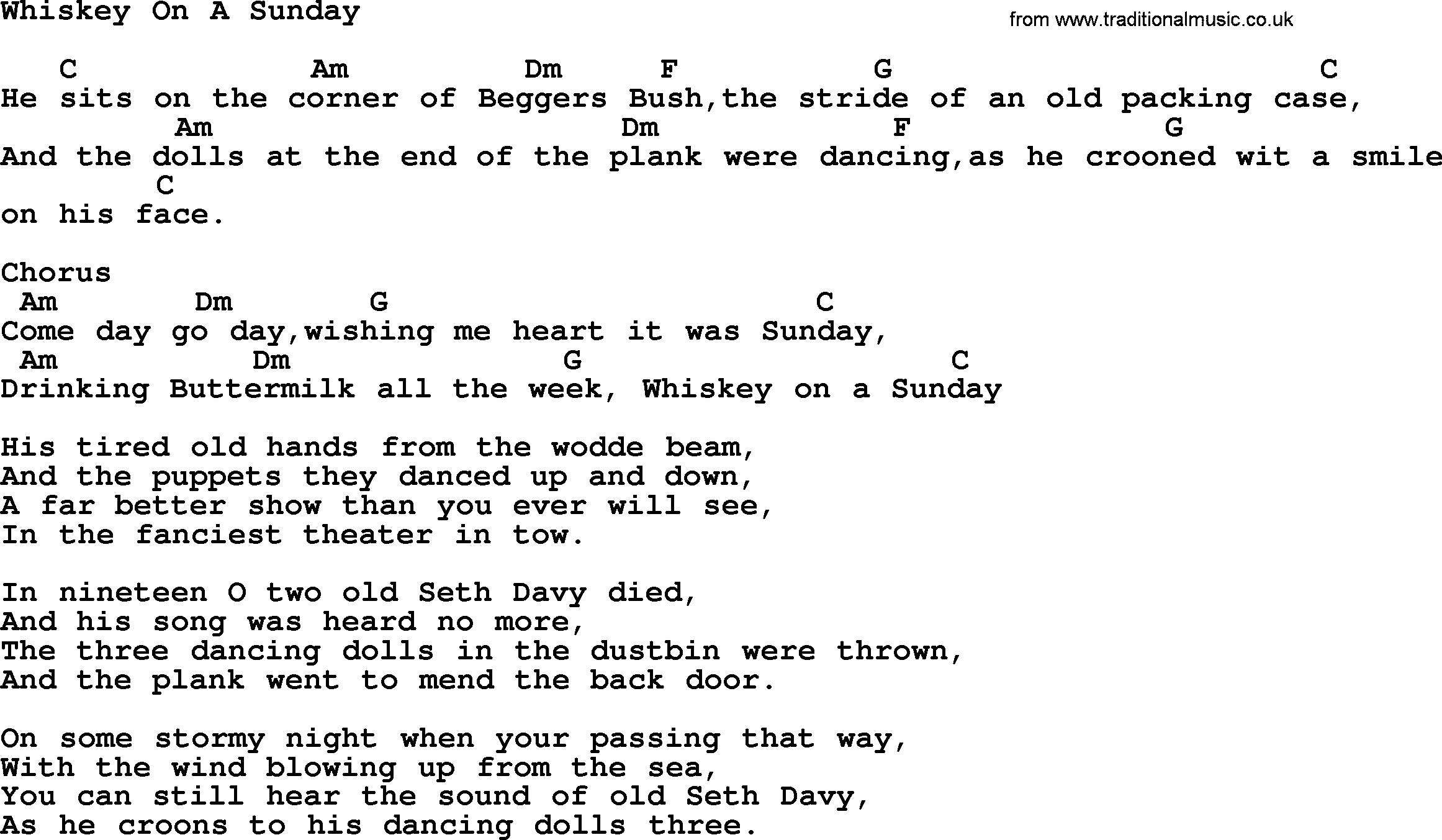The Dubliners song: Whiskey On A Sunday, lyrics and chords