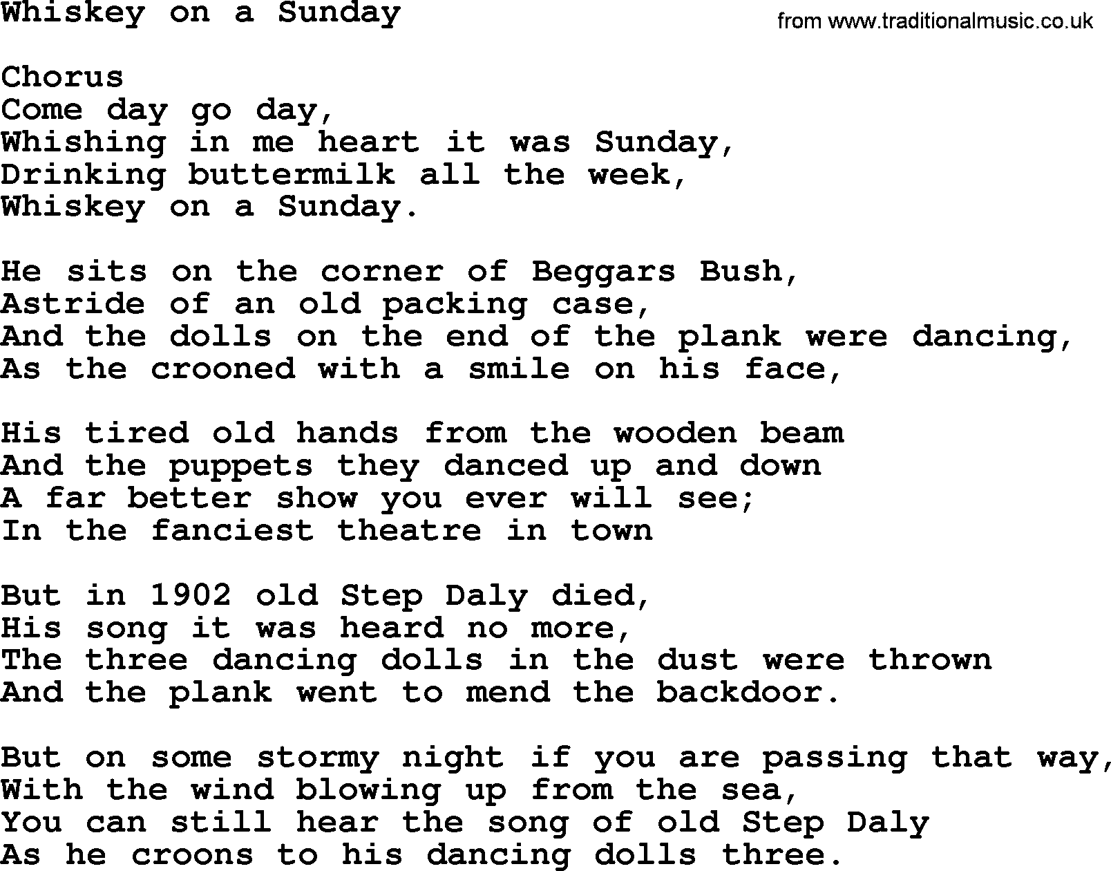 The Dubliners song: Whiskey On A Sunday, lyrics
