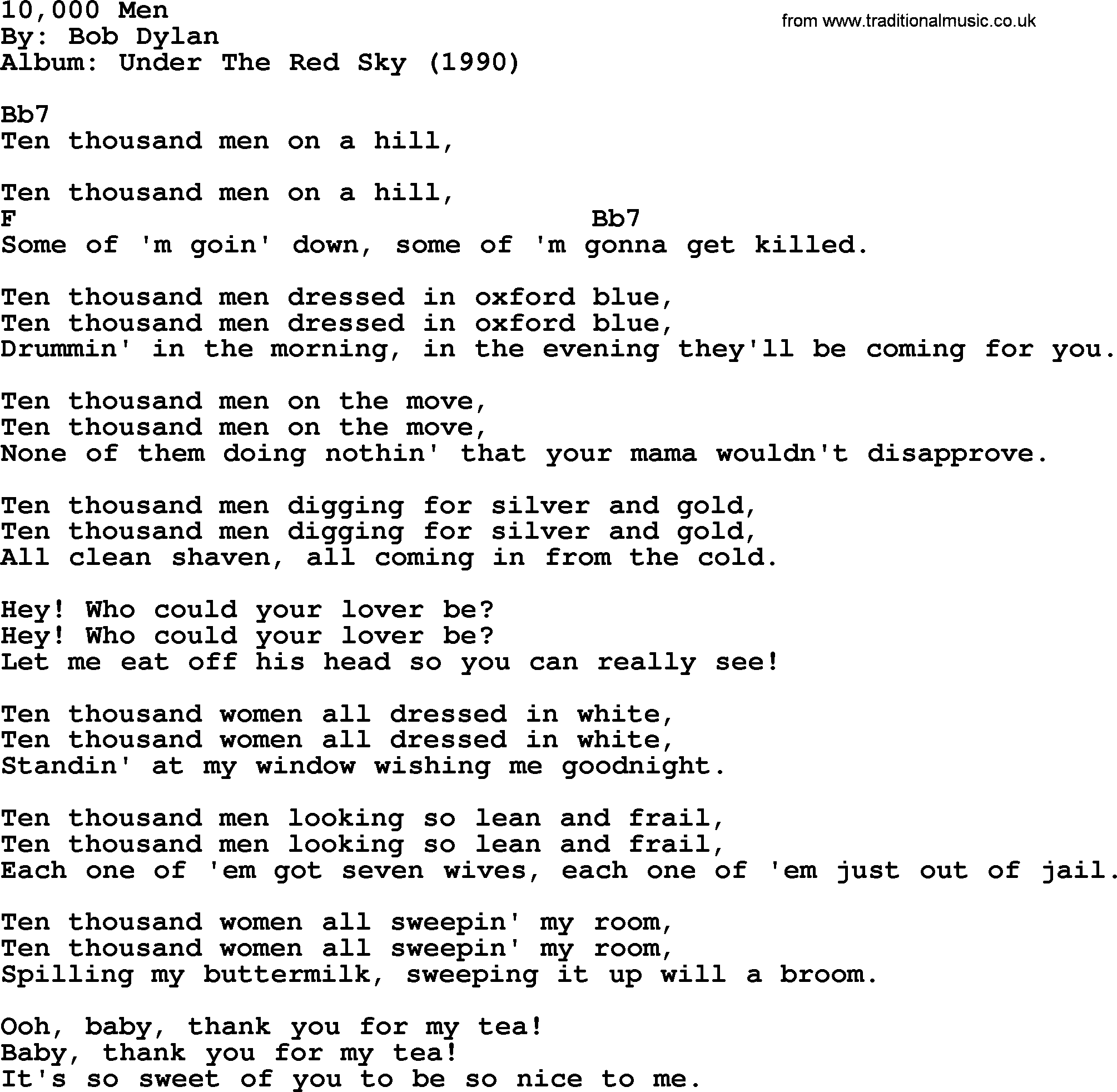 Bob Dylan song, lyrics with chords - 10,000 Men