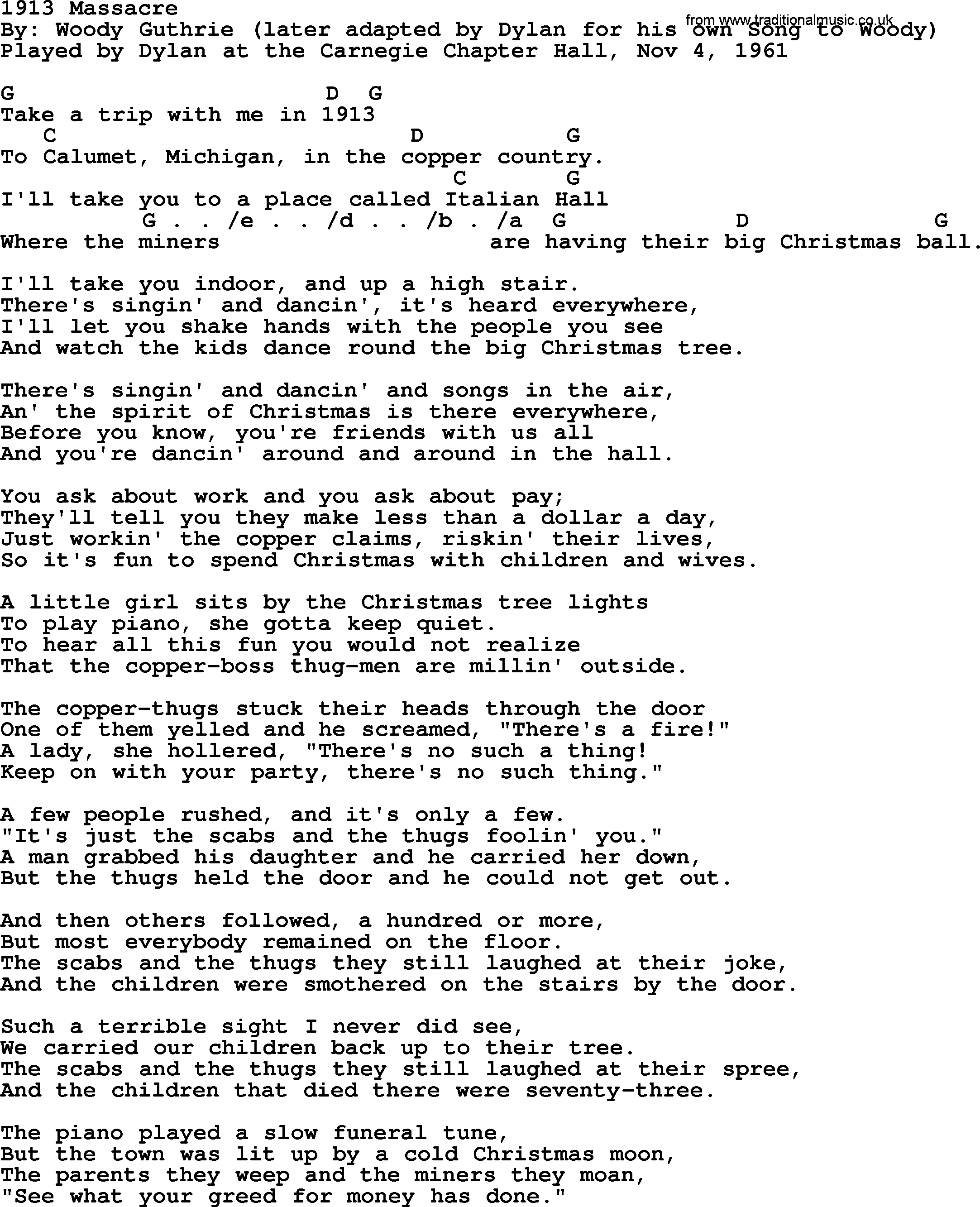 Bob Dylan song, lyrics with chords - 1913 Massacre