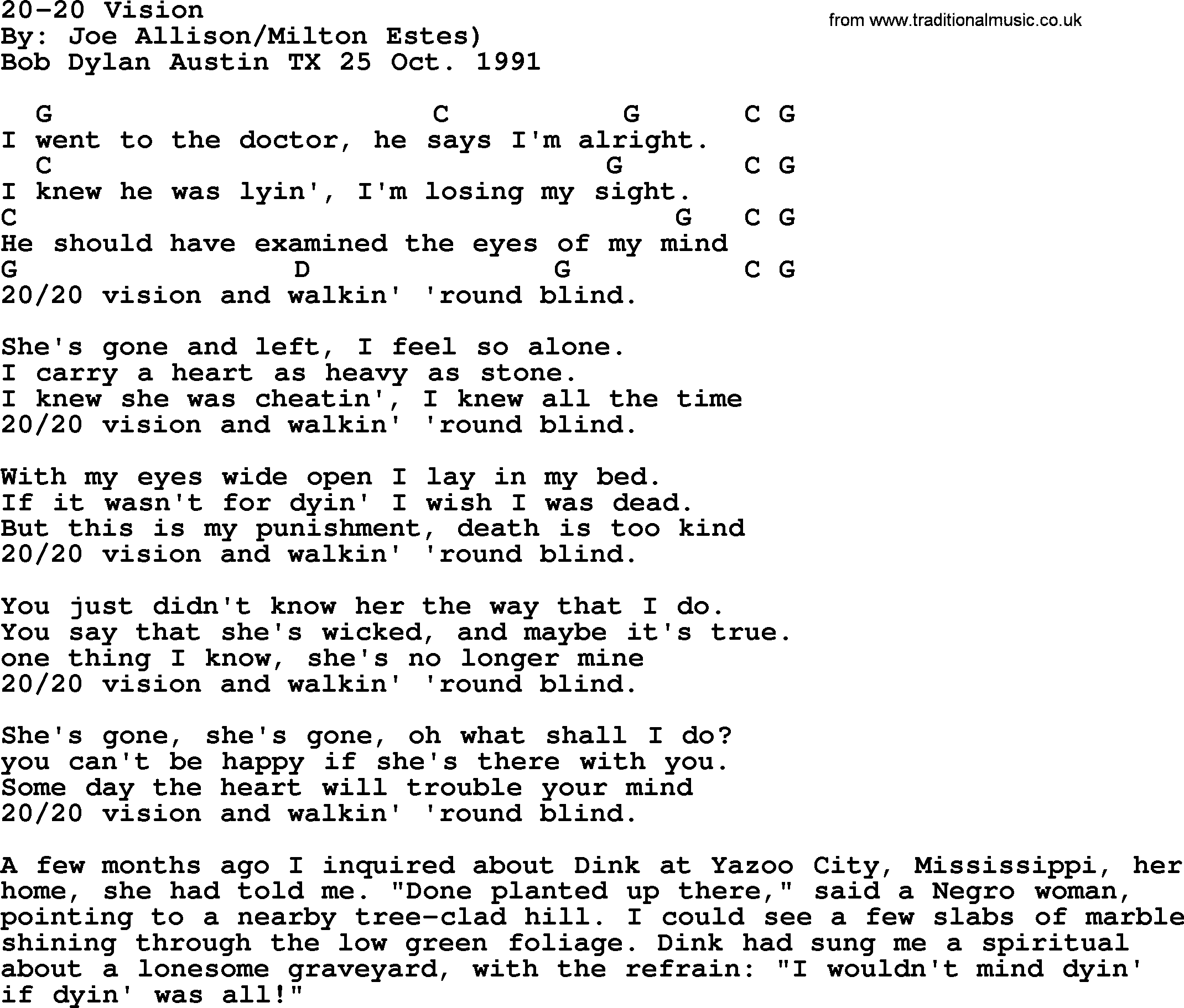 Bob Dylan song, lyrics with chords - 20-20 Vision