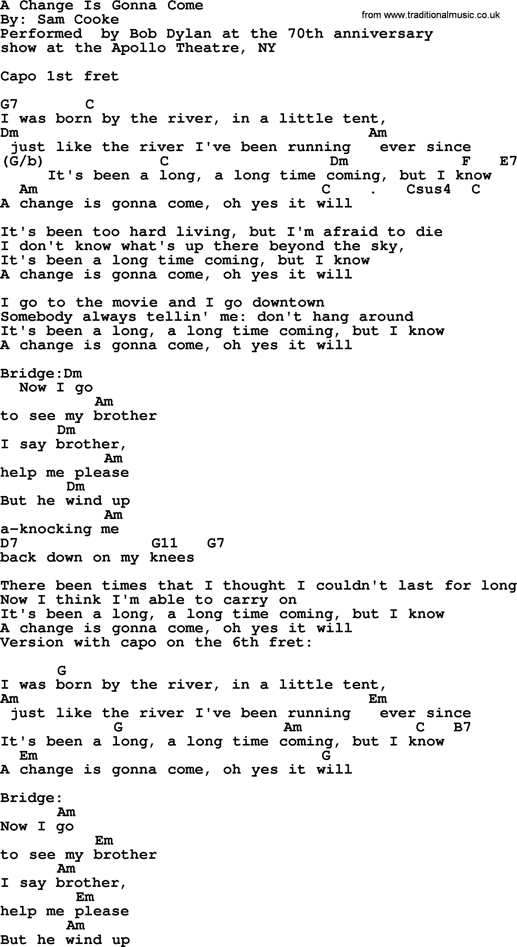 Bob Dylan song, lyrics with chords - A Change Is Gonna Come