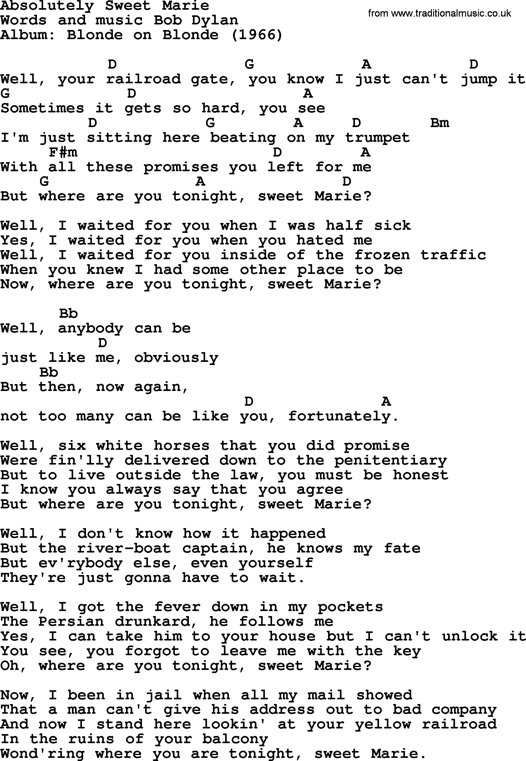 Bob Dylan song, lyrics with chords - Absolutely Sweet Marie