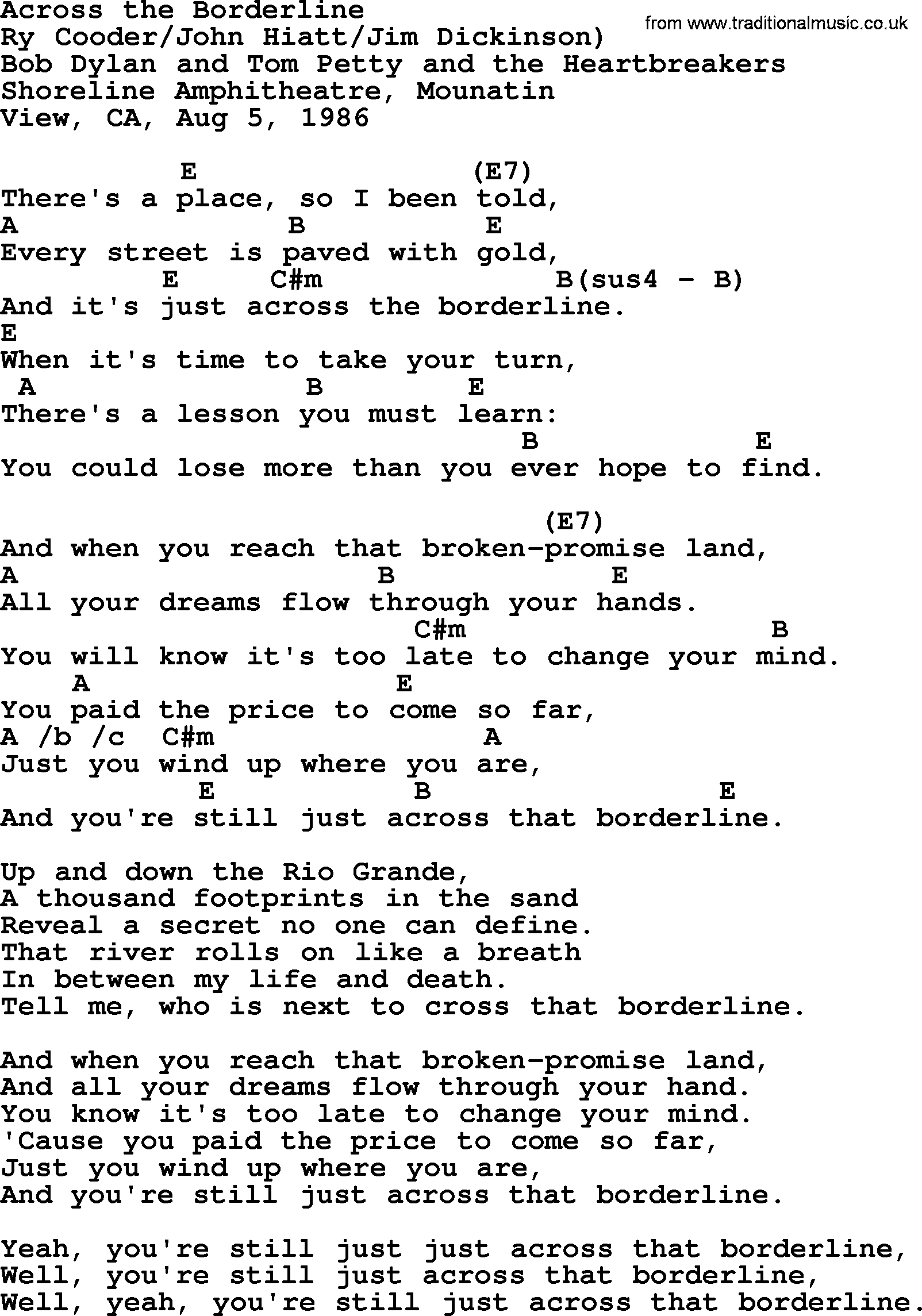 Bob Dylan song, lyrics with chords - Across the Borderline