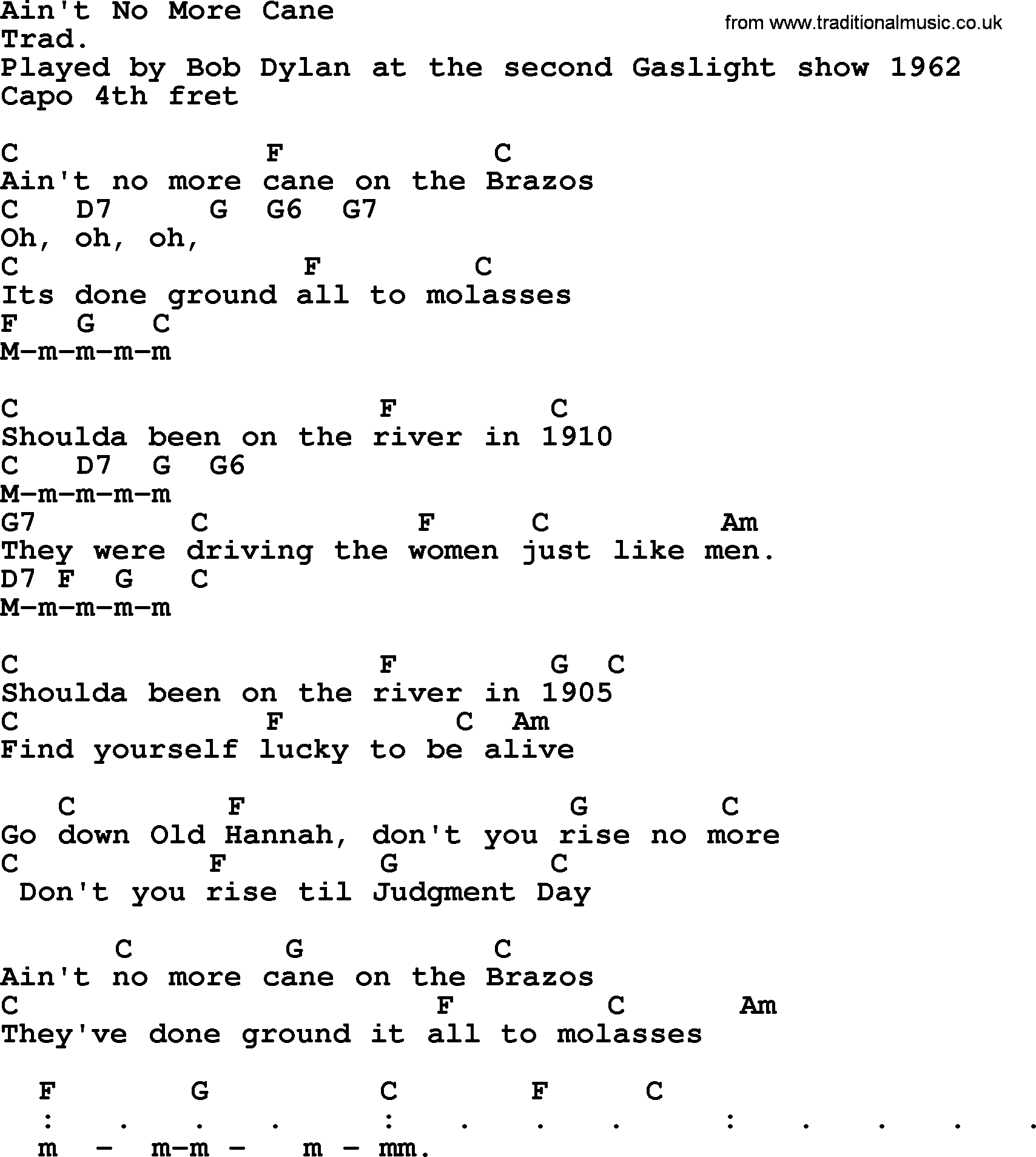 Bob Dylan song, lyrics with chords - Ain't No More Cane