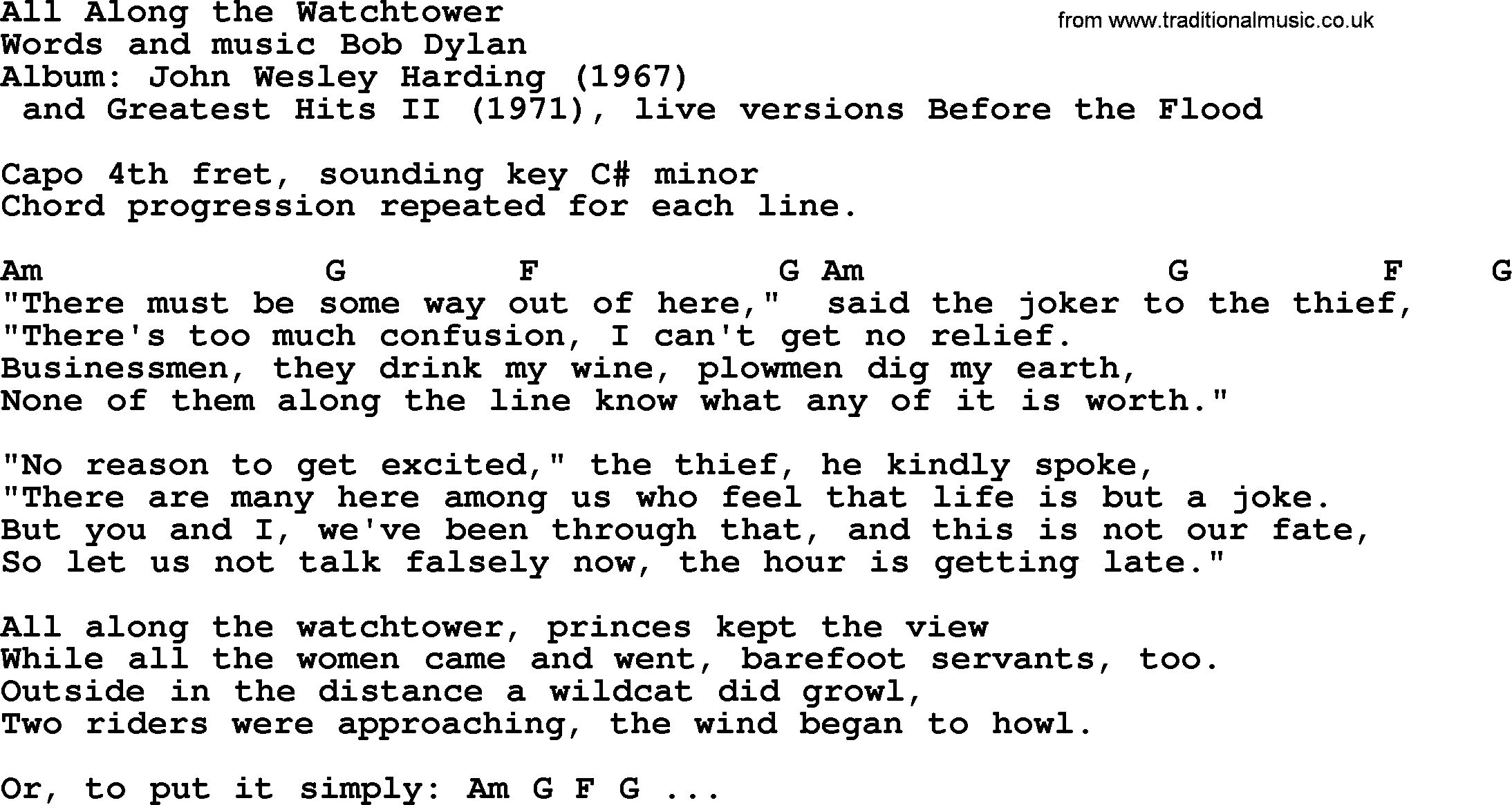 Bob Dylan song, lyrics with chords - All Along the Watchtower