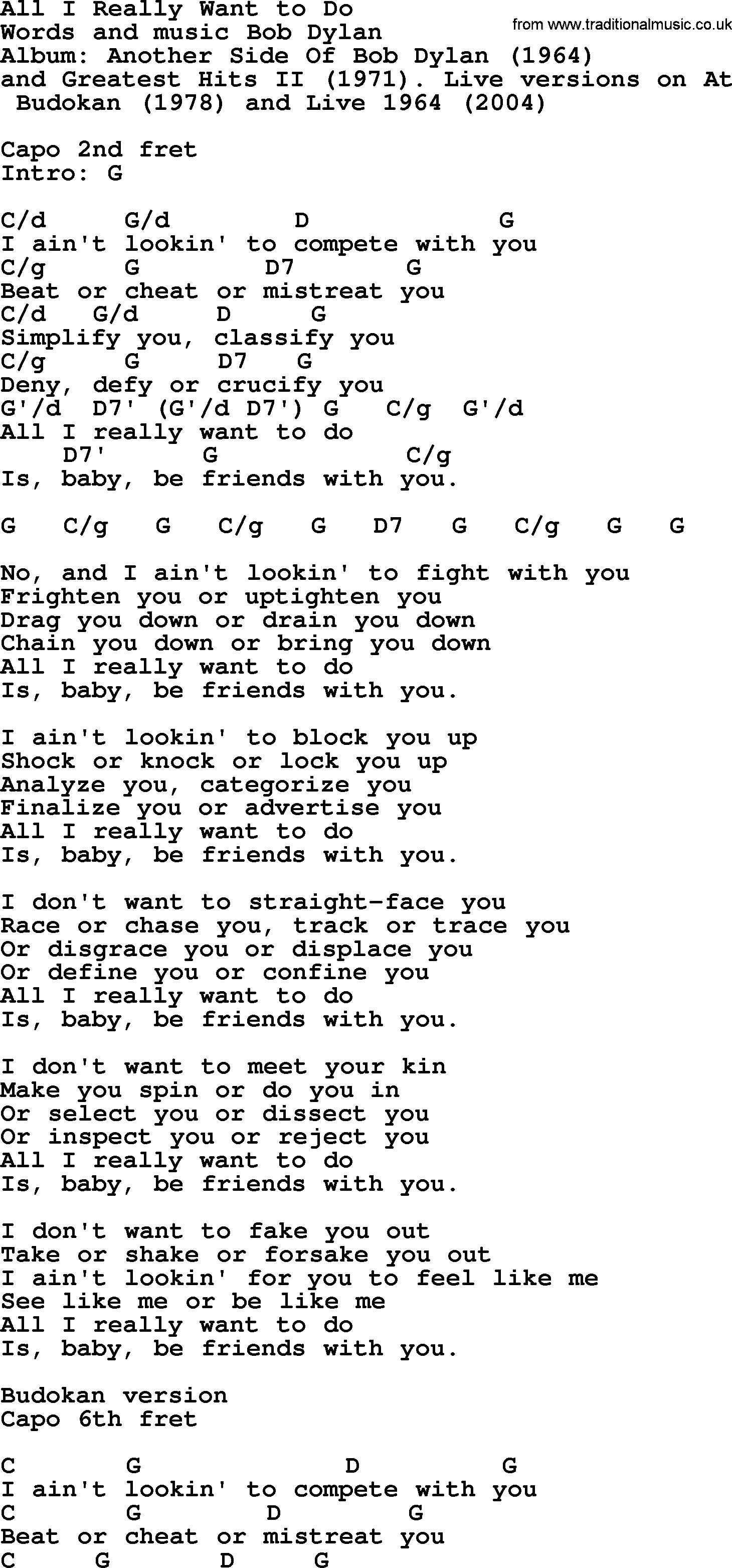 Bob Dylan song, lyrics with chords - All I Really Want to Do