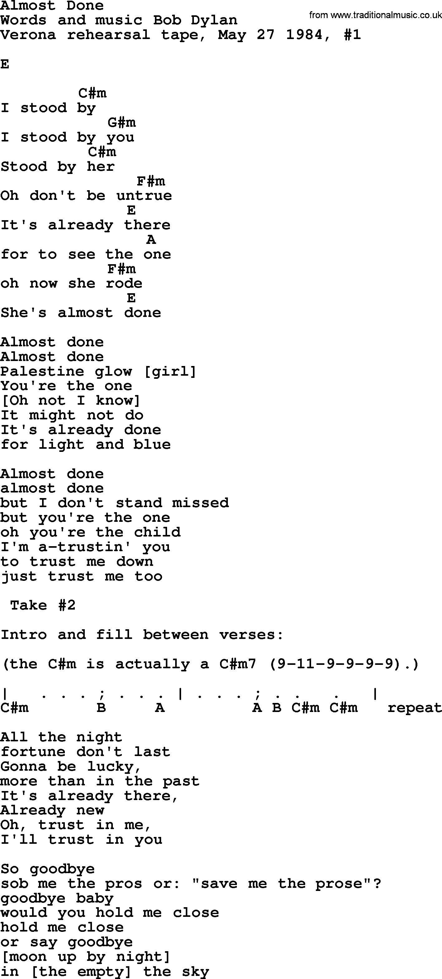 Bob Dylan song, lyrics with chords - Almost Done