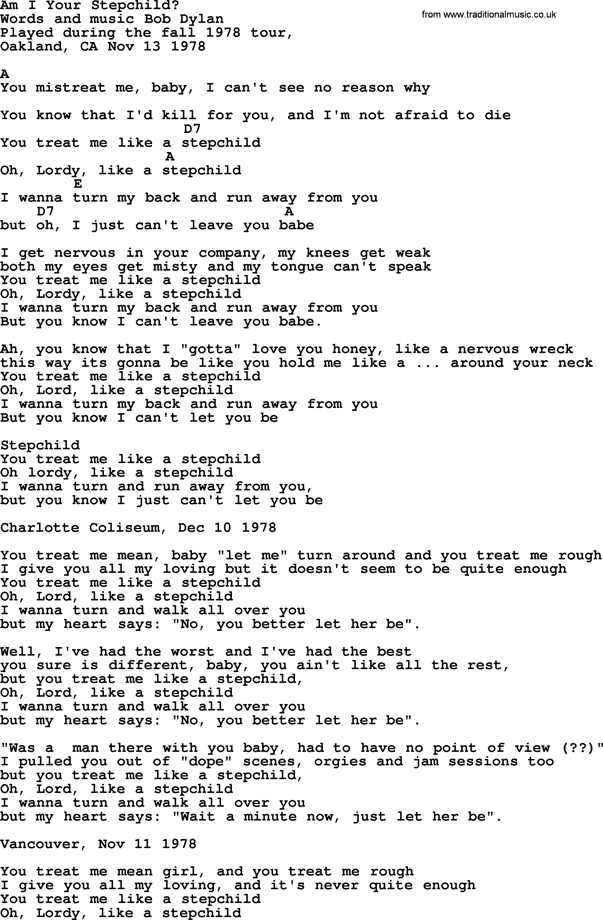 Bob Dylan song, lyrics with chords - Am I Your Stepchild