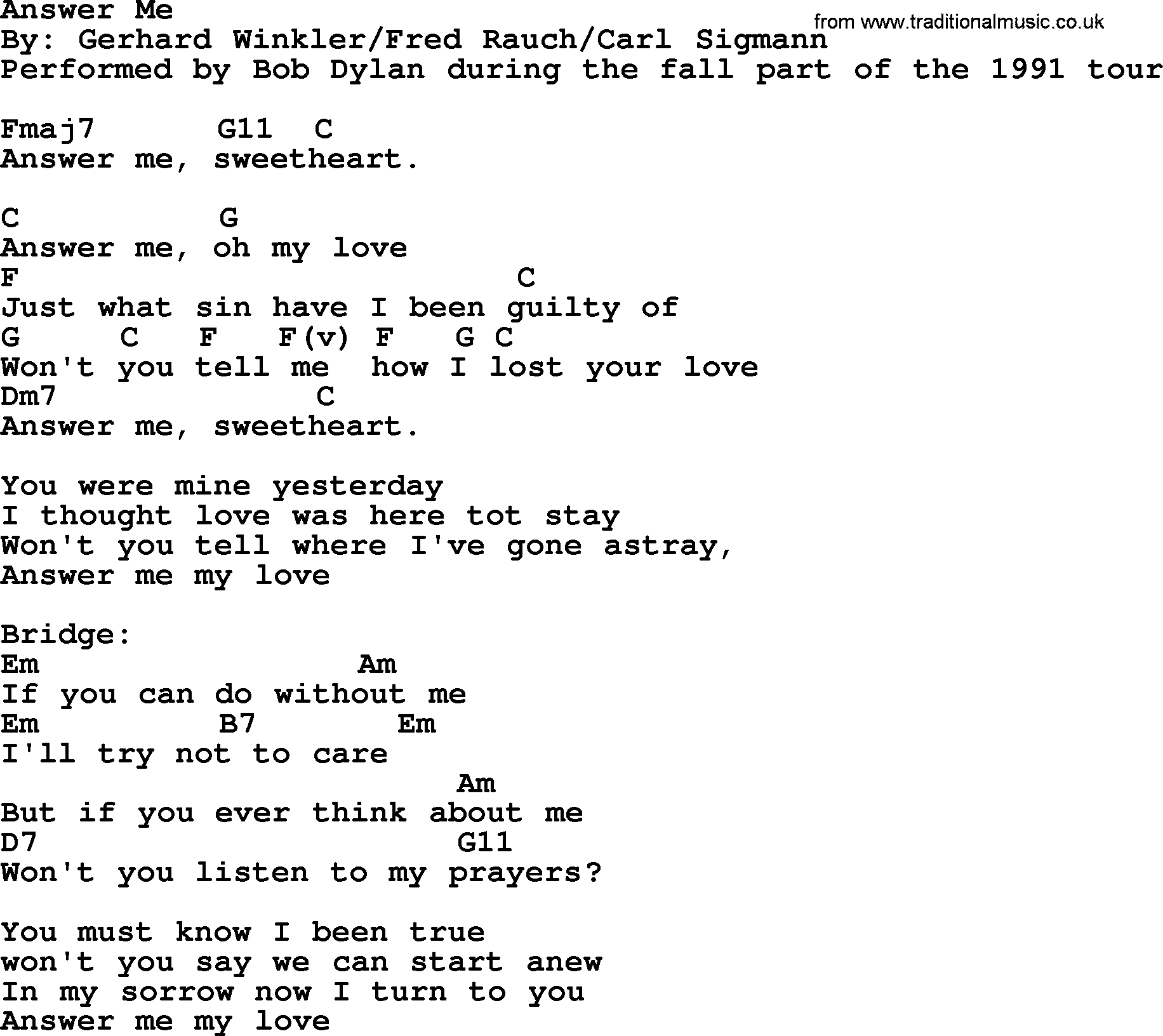 Bob Dylan song, lyrics with chords - Answer Me