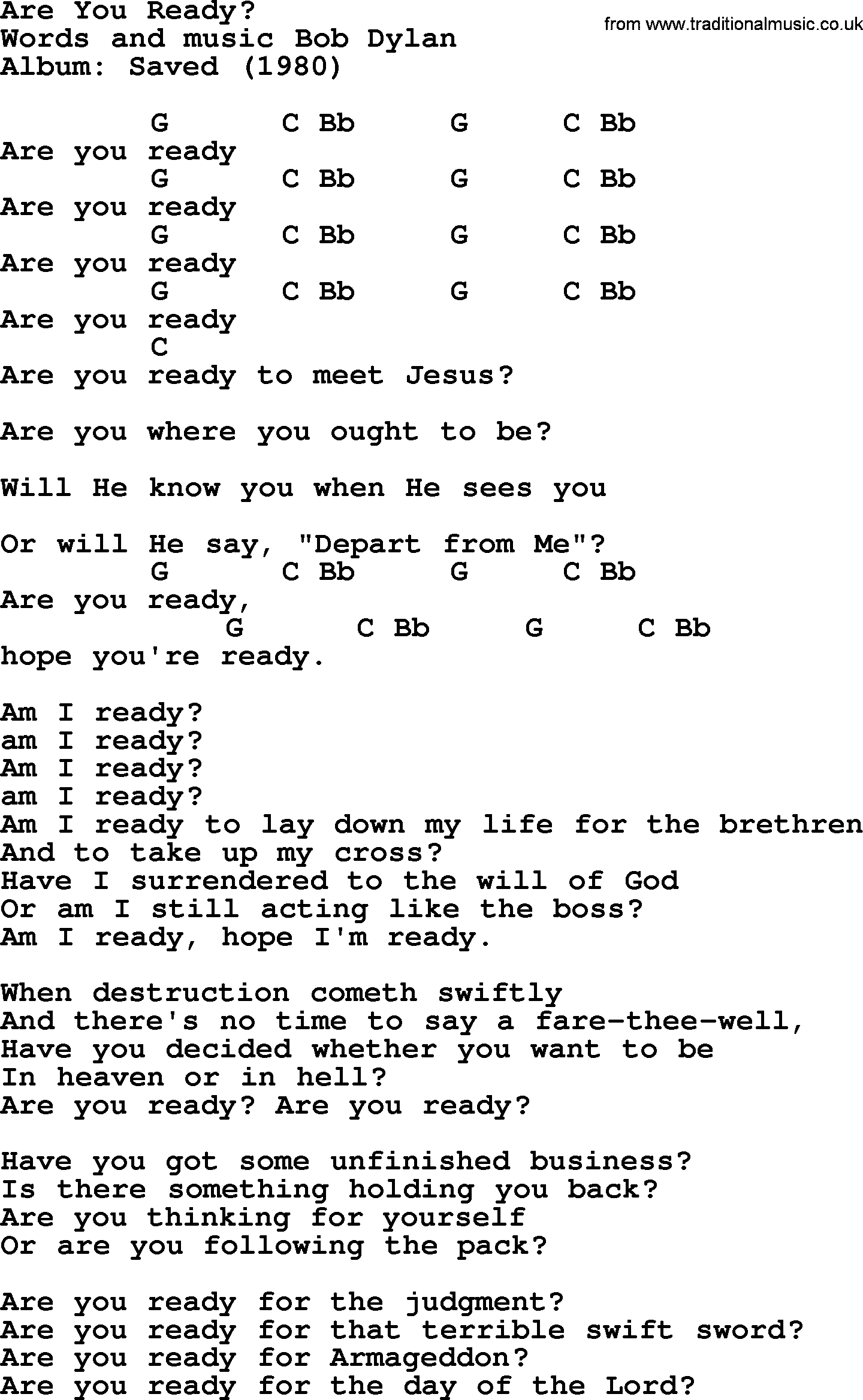 Bob Dylan song, lyrics with chords - Are You Ready