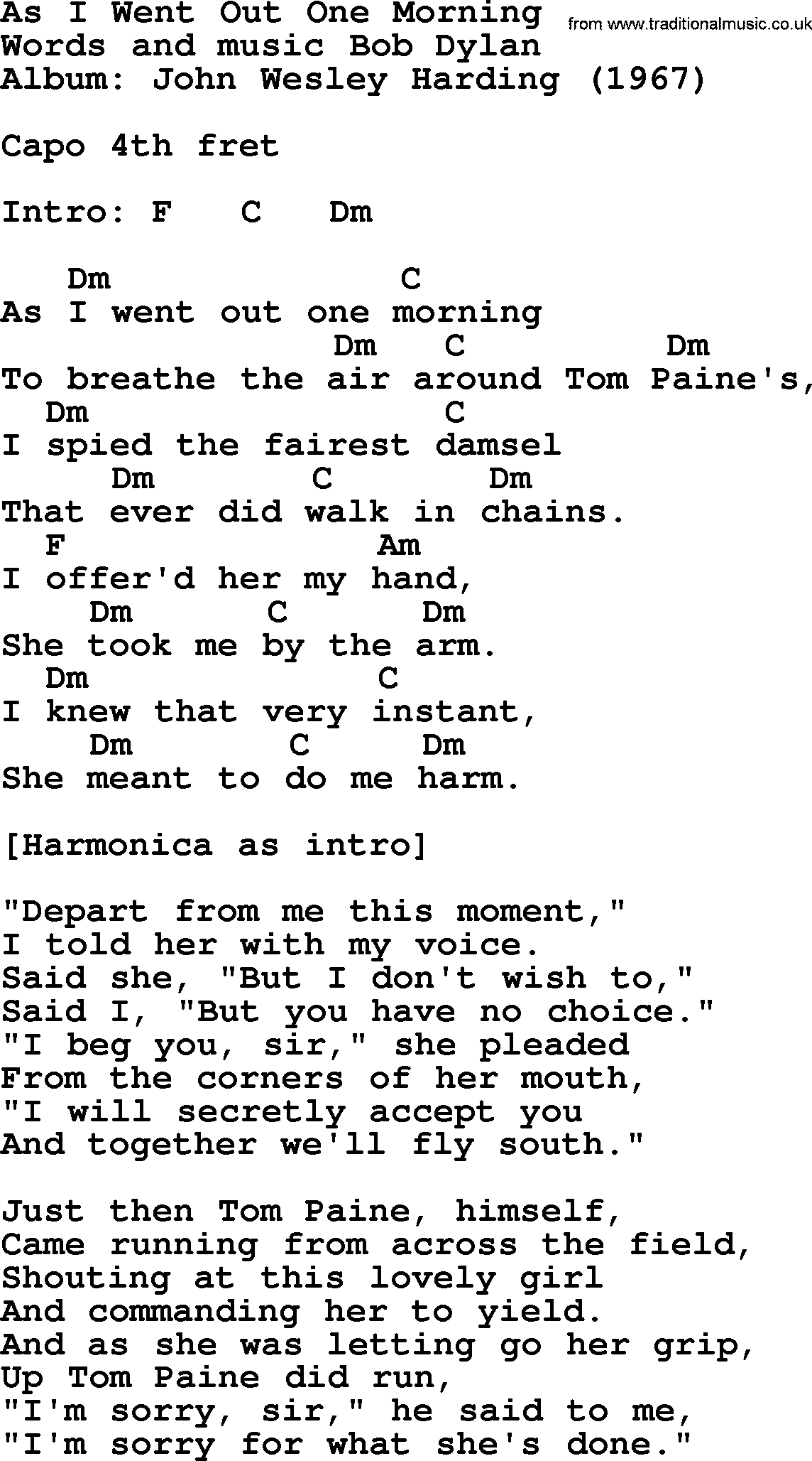 Bob Dylan song, lyrics with chords - As I Went Out One Morning