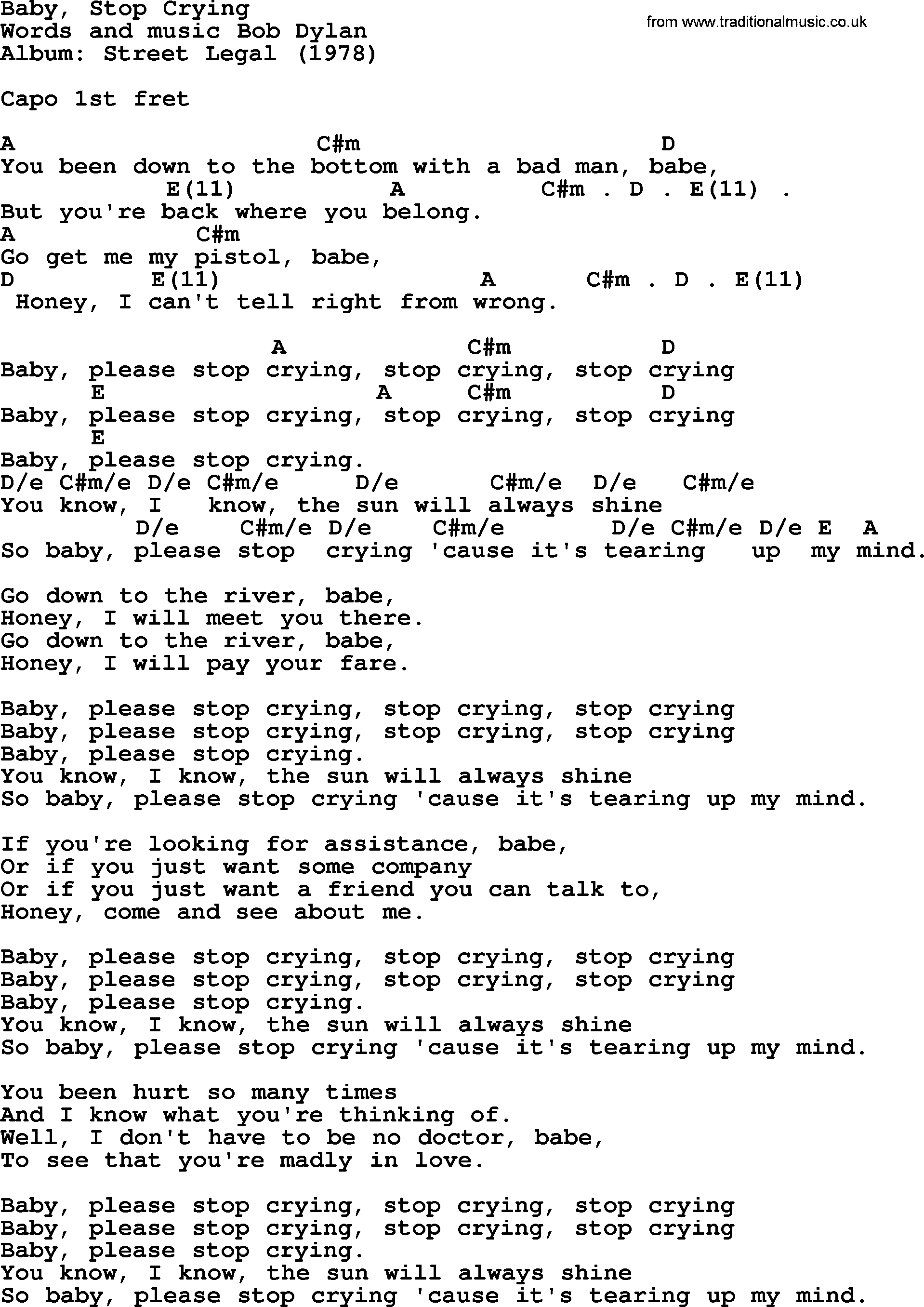 Bob Dylan song, lyrics with chords - Baby, Stop Crying