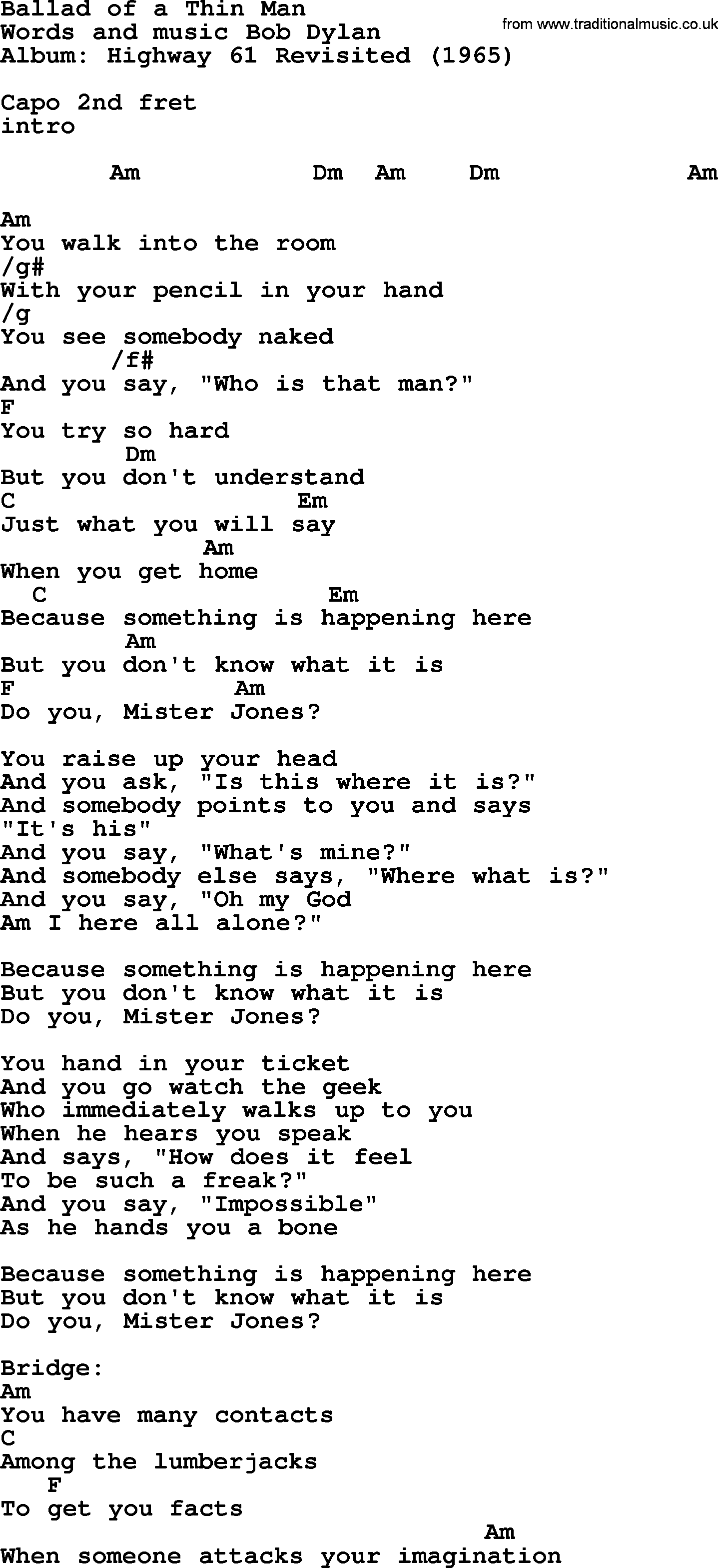 Bob Dylan song, lyrics with chords - Ballad of a Thin Man
