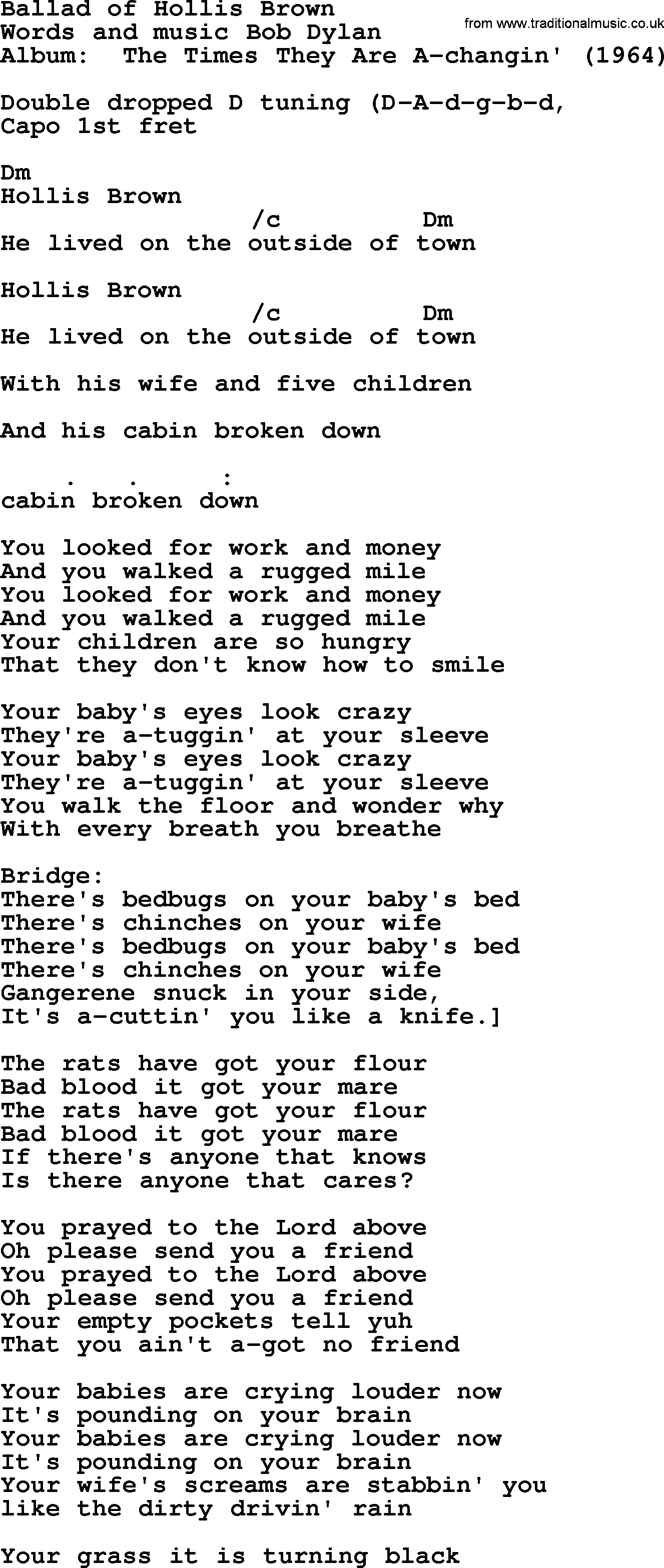 Bob Dylan song, lyrics with chords - Ballad of Hollis Brown