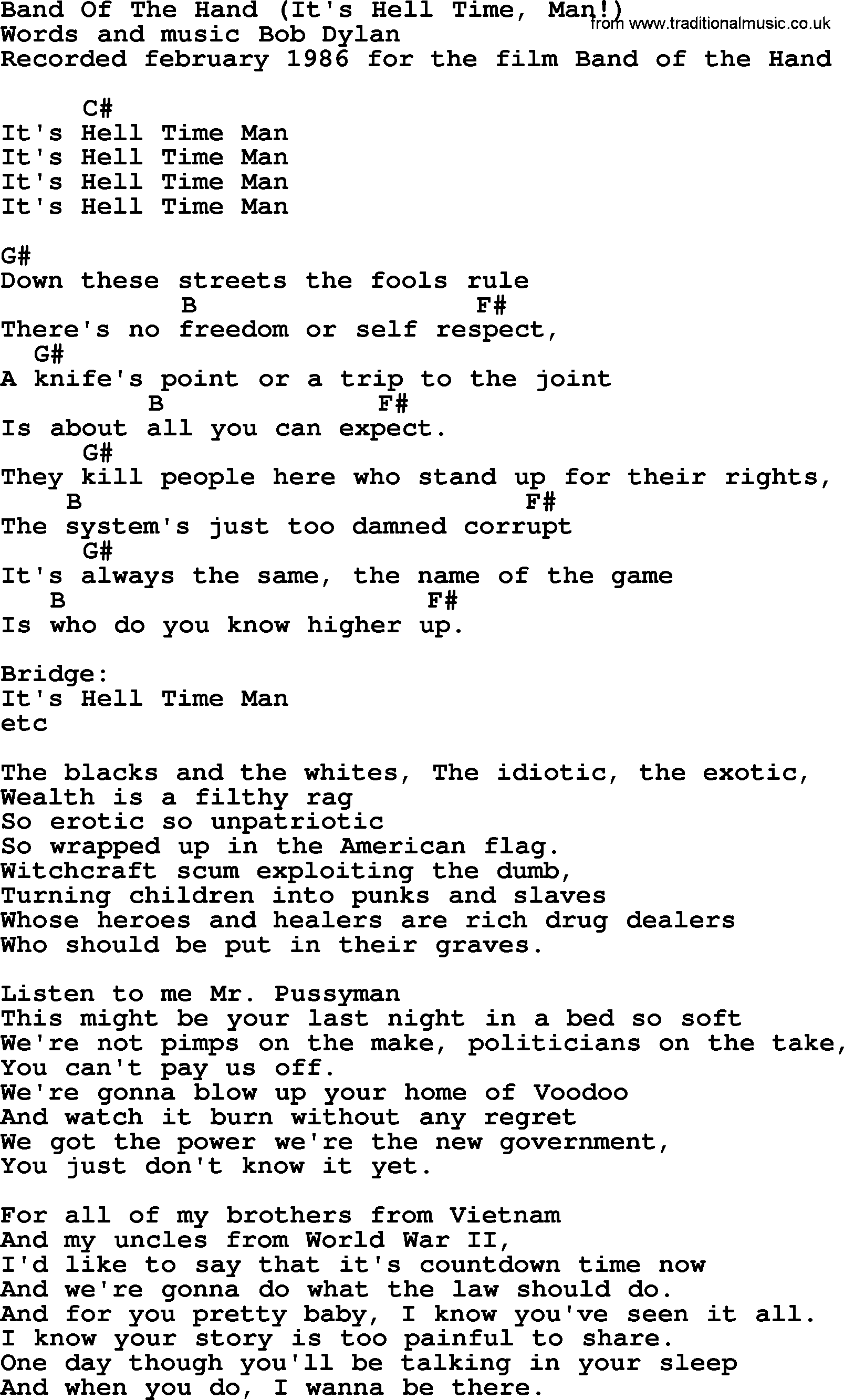 Bob Dylan song, lyrics with chords - Band Of The Hand (It's Hell Time, Man!)