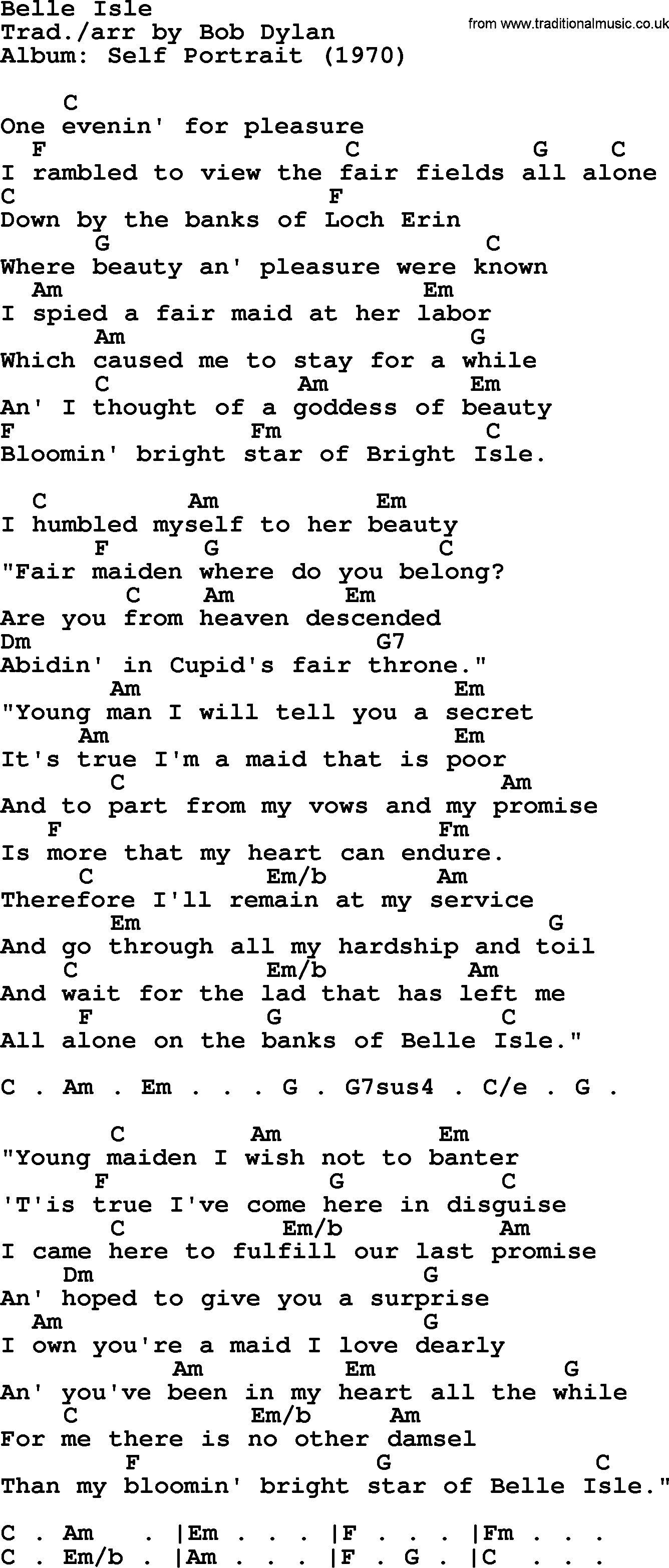 Bob Dylan song, lyrics with chords - Belle Isle