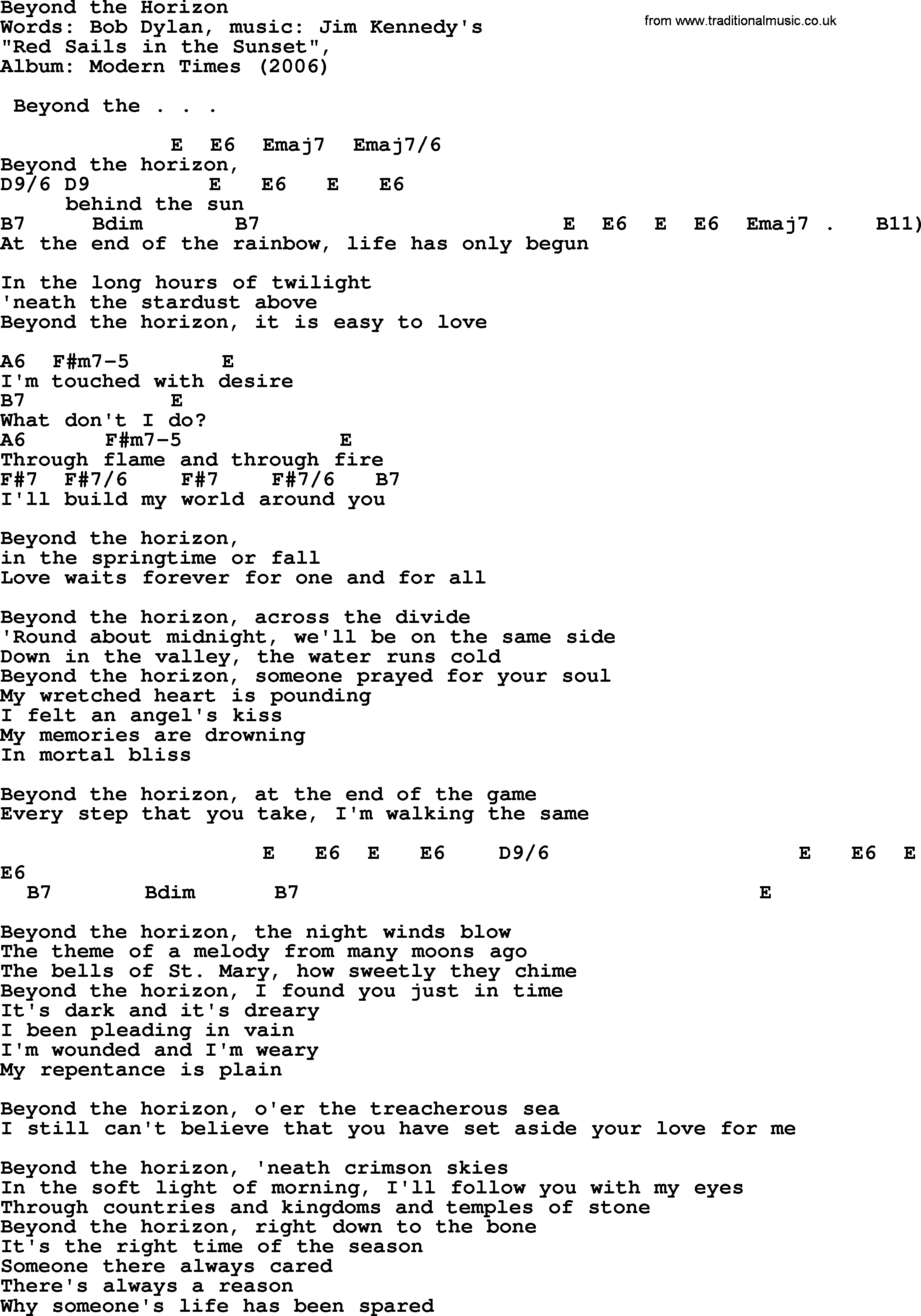Bob Dylan song, lyrics with chords - Beyond the Horizon