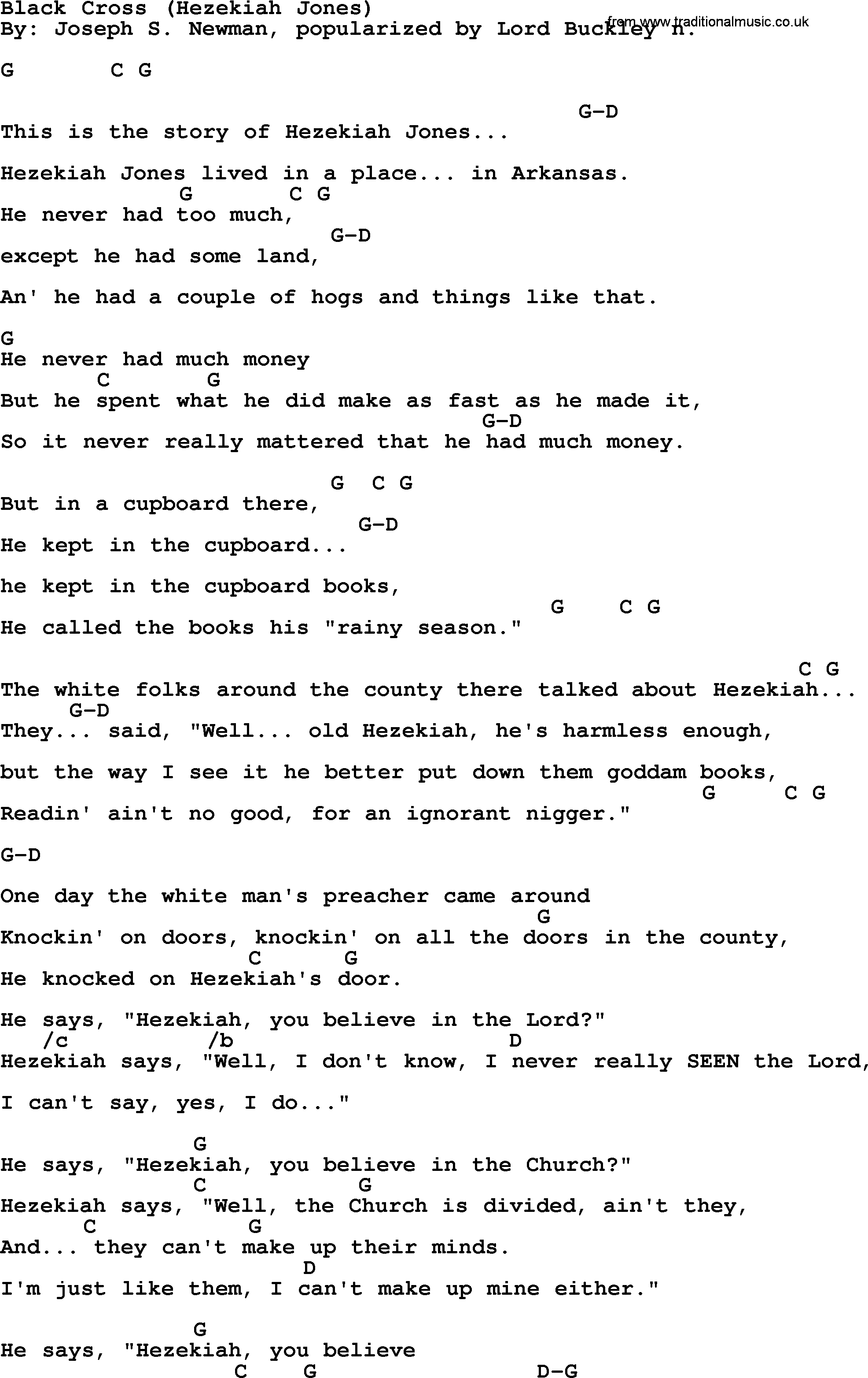 Bob Dylan song, lyrics with chords - Black Cross (Hezekiah Jones)