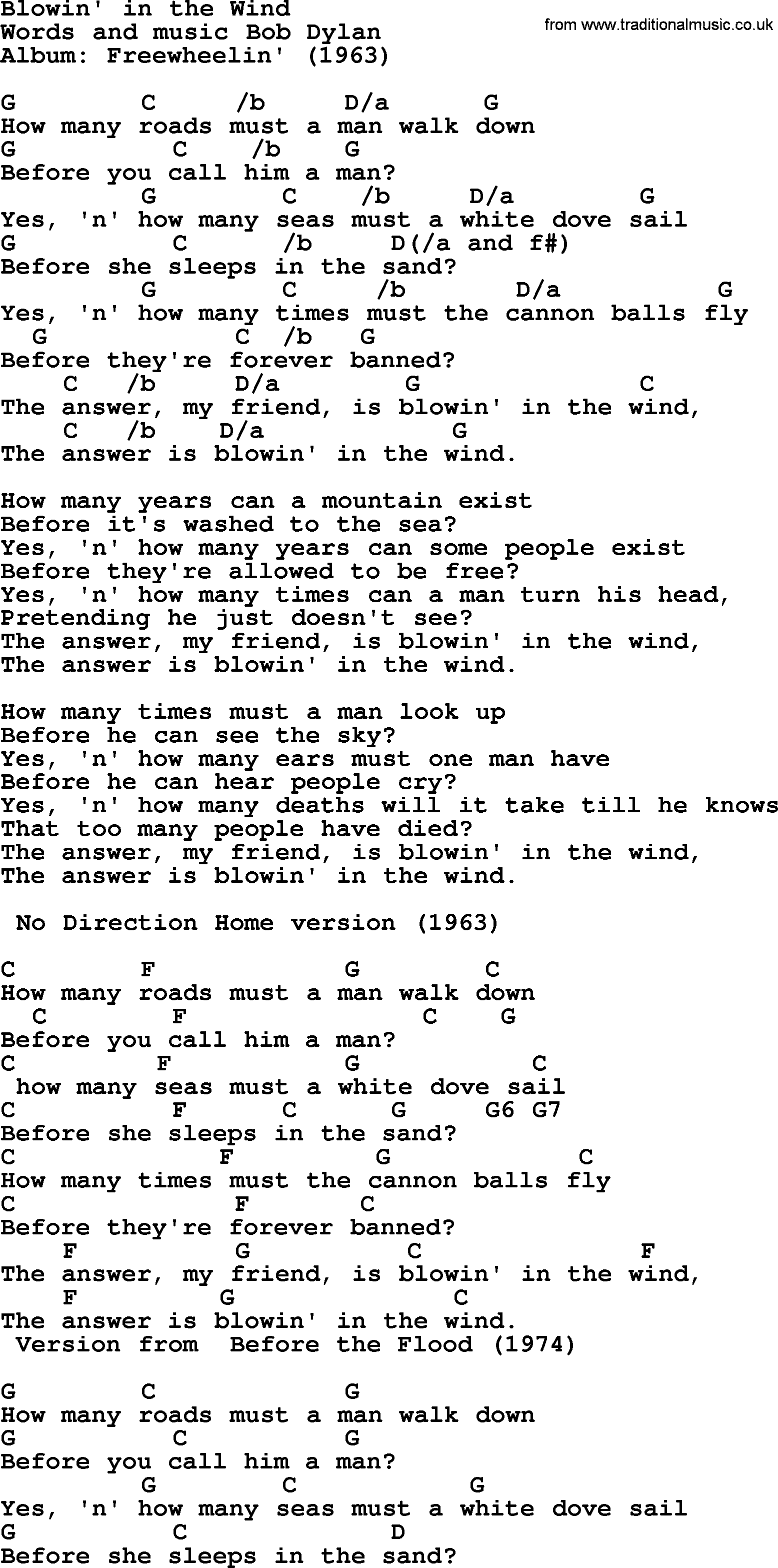 Bob Dylan song, lyrics with chords - Blowin' in the Wind
