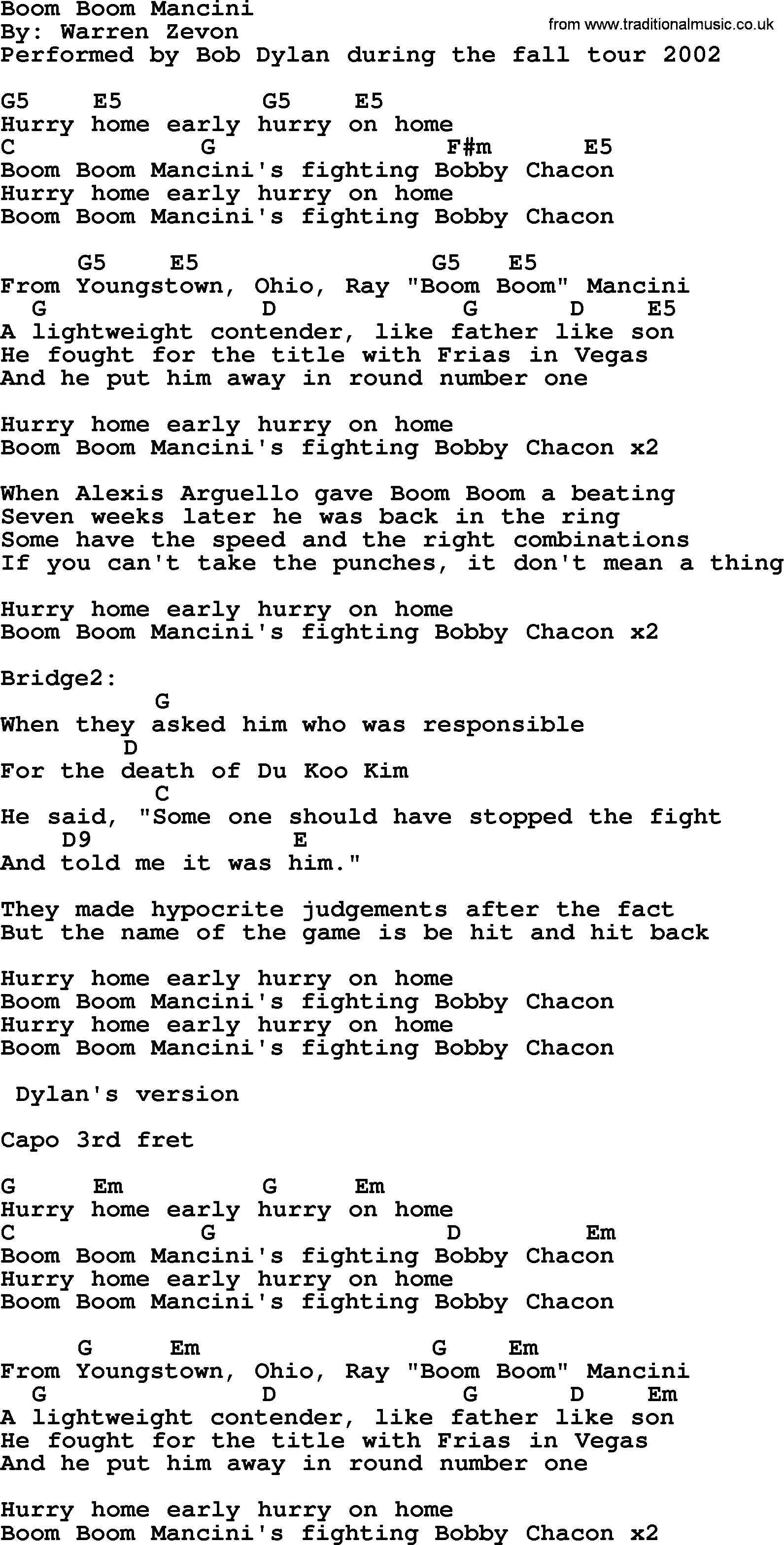 Bob Dylan song, lyrics with chords - Boom Boom Mancini