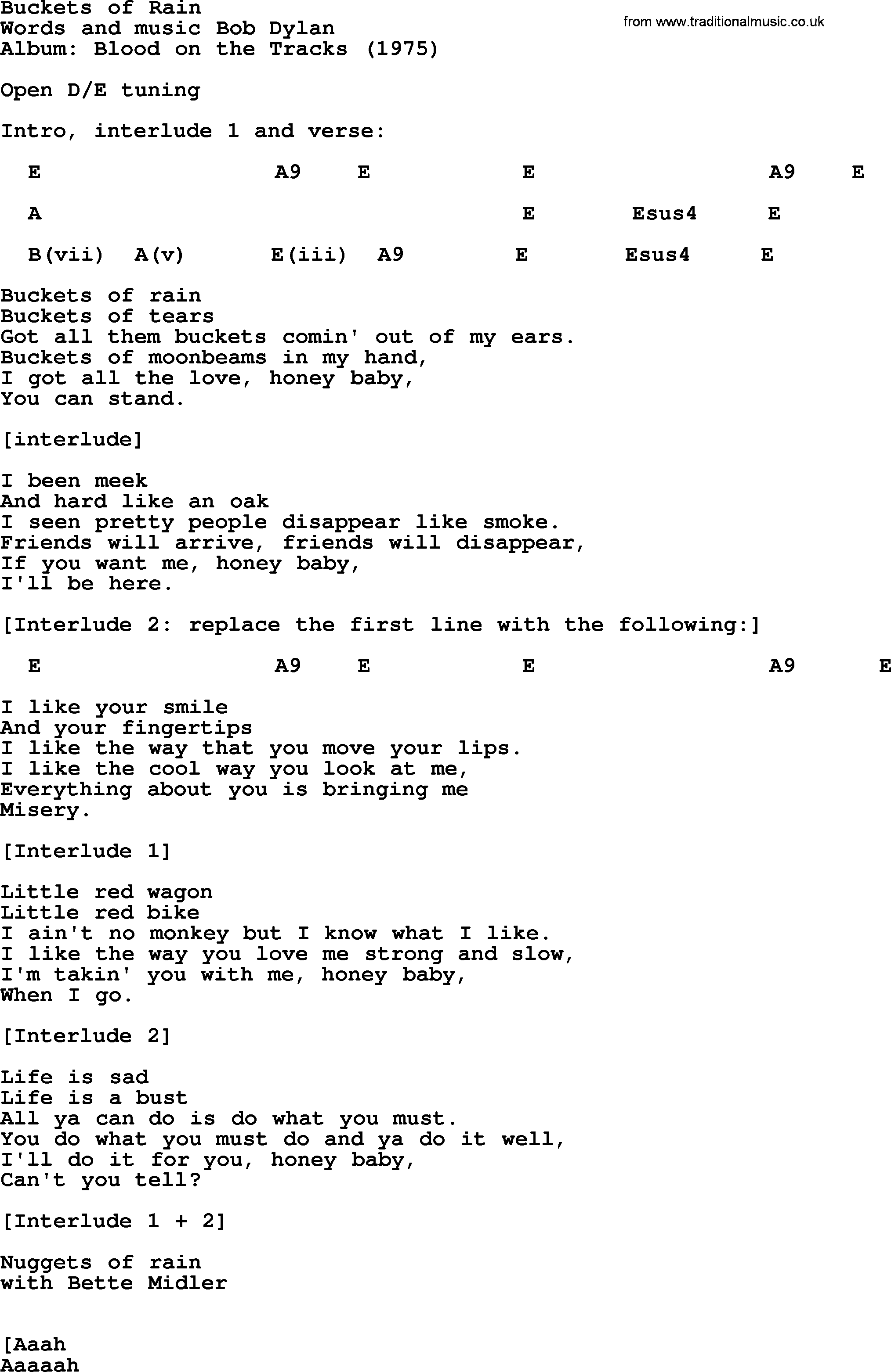 Bob Dylan song, lyrics with chords - Buckets of Rain