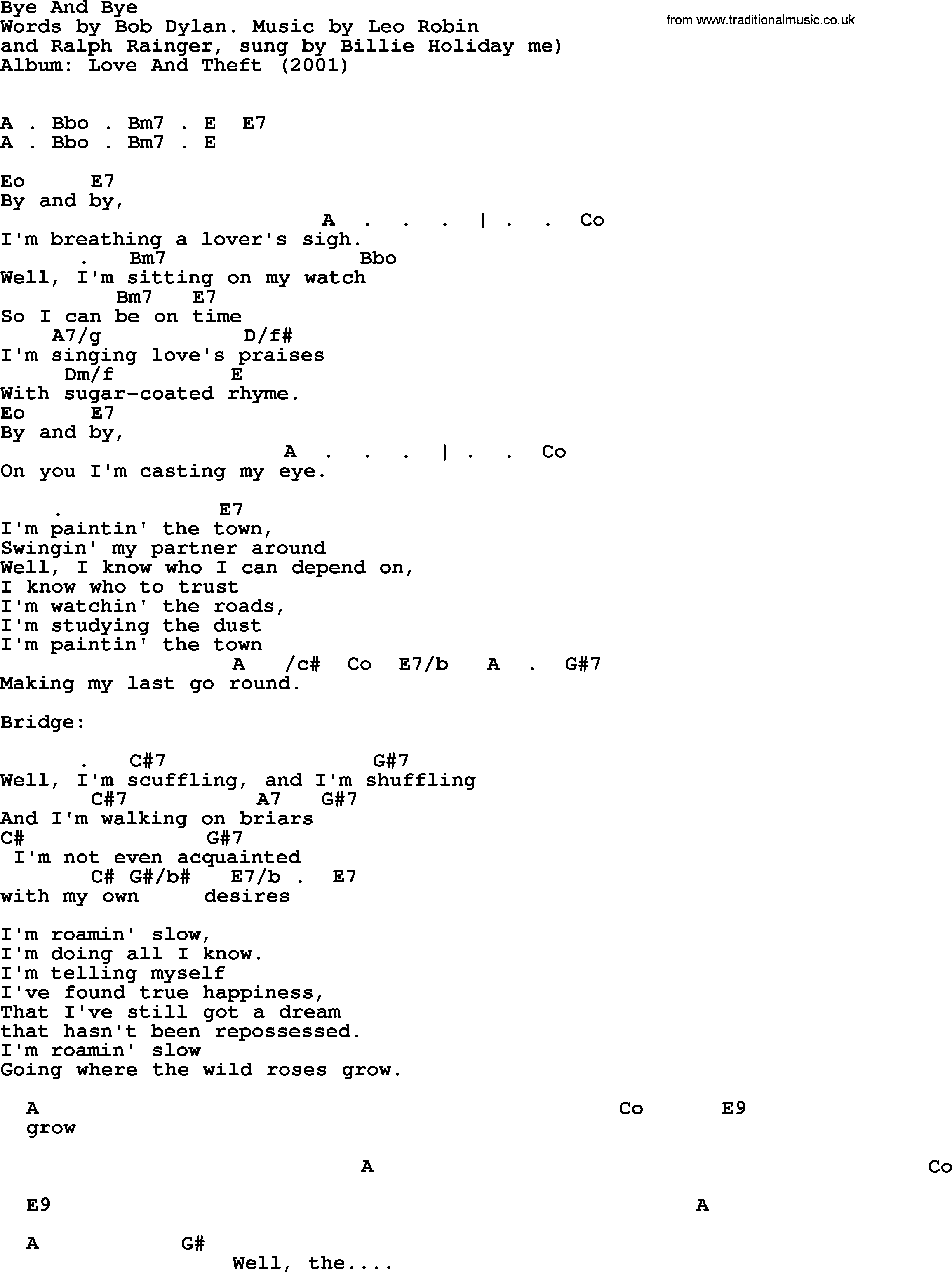 Bob Dylan song, lyrics with chords - Bye And Bye