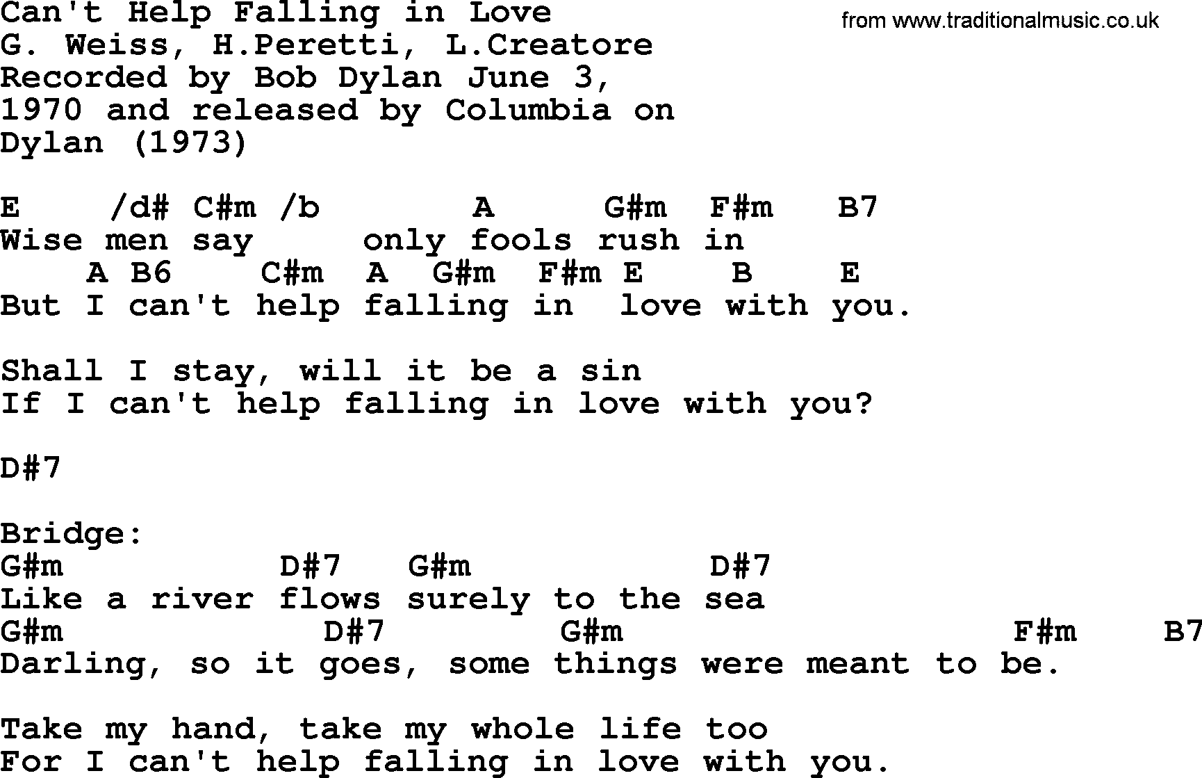 Bob Dylan song, lyrics with chords - Can't Help Falling in Love