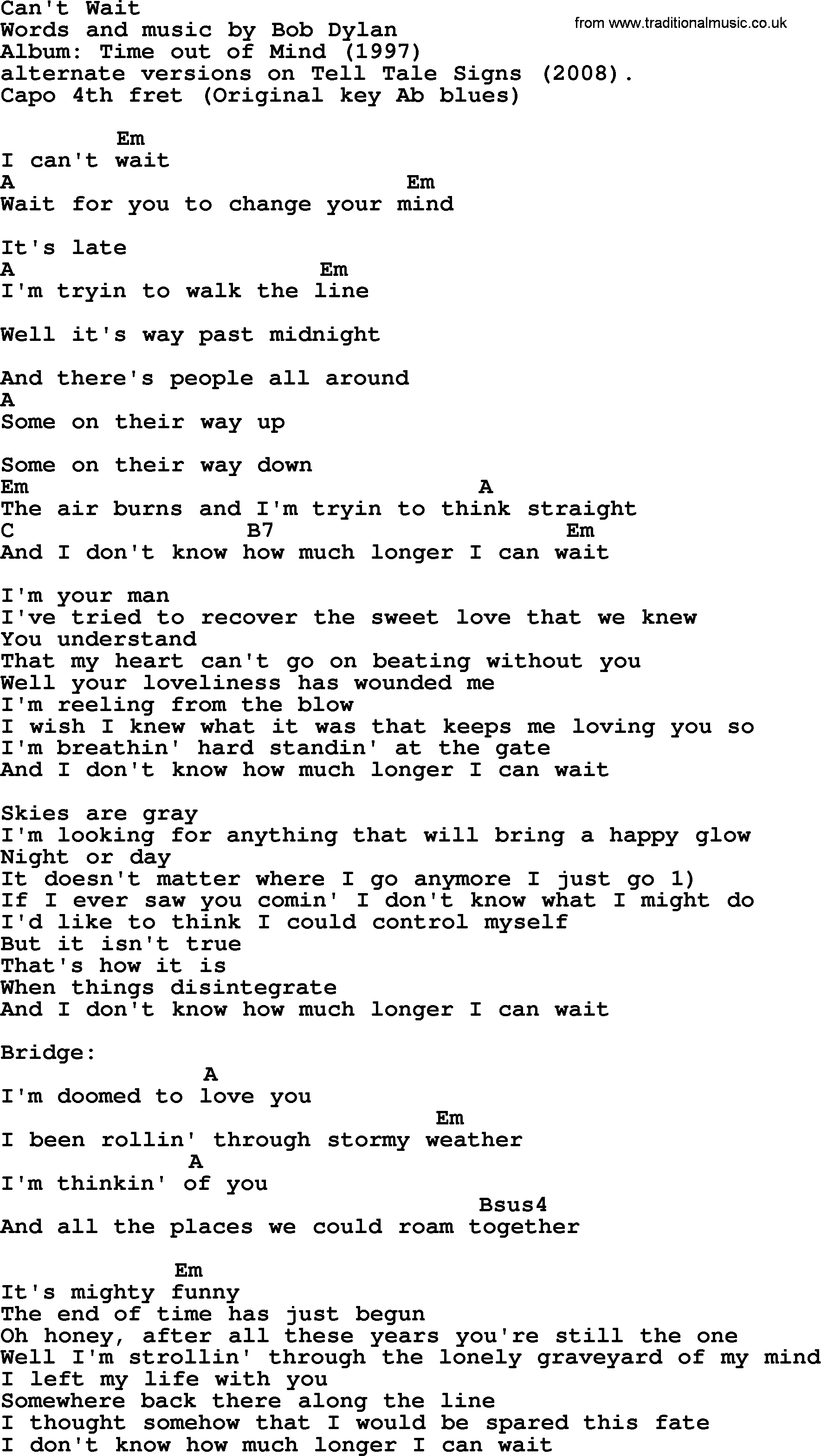 Bob Dylan song, lyrics with chords - Can't Wait