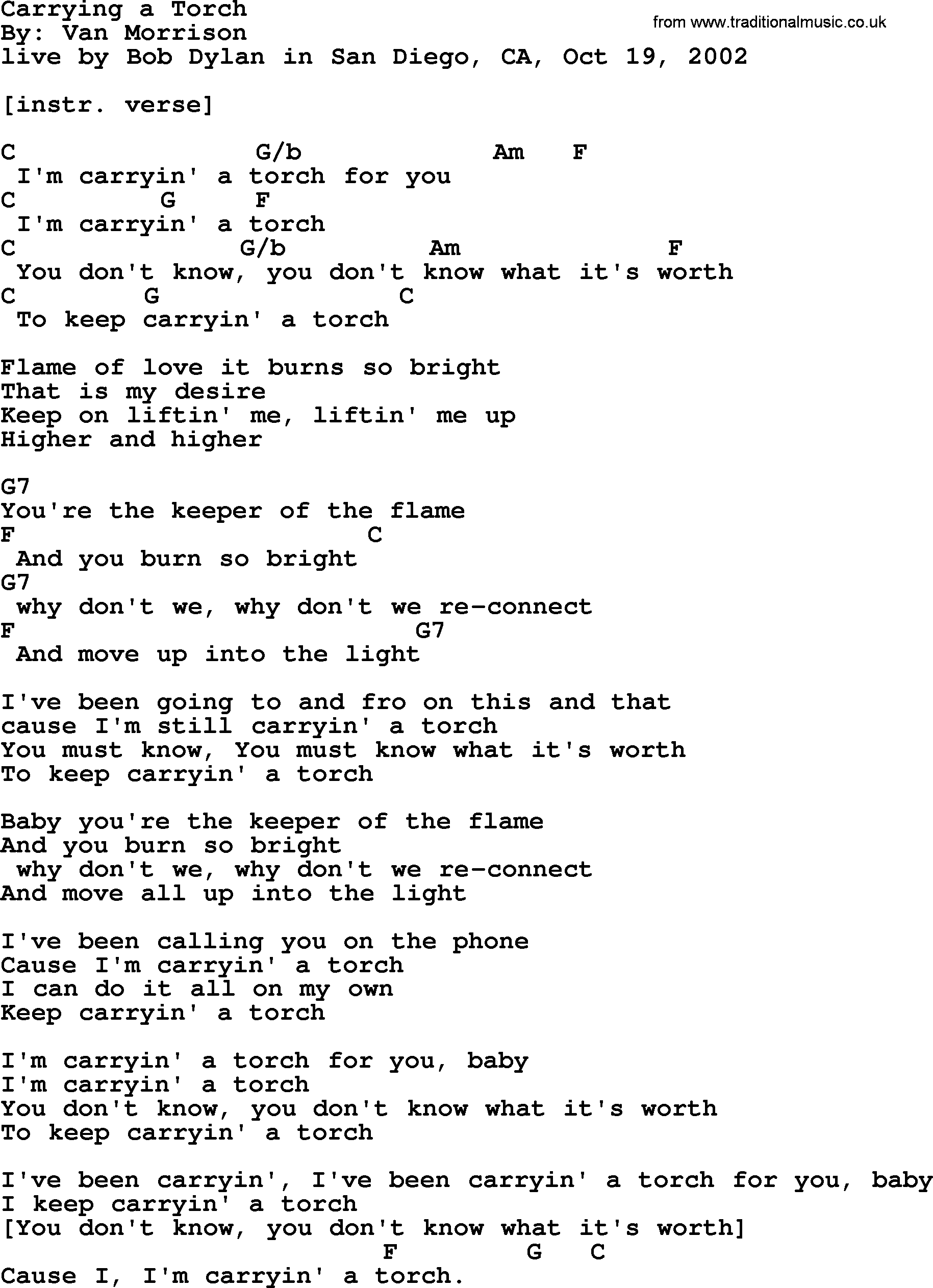 Bob Dylan song, lyrics with chords - Carrying a Torch