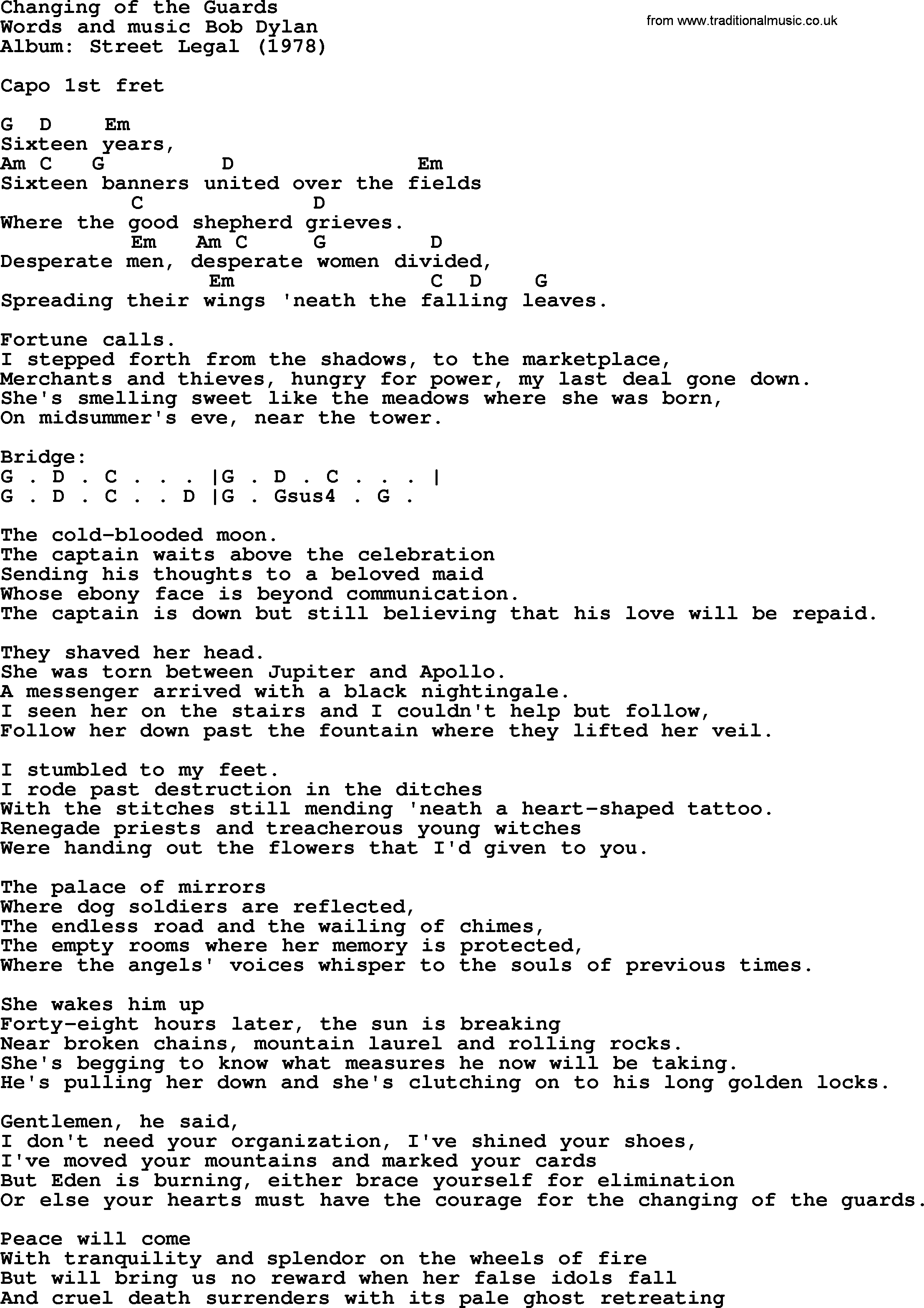 Bob Dylan song, lyrics with chords - Changing of the Guards