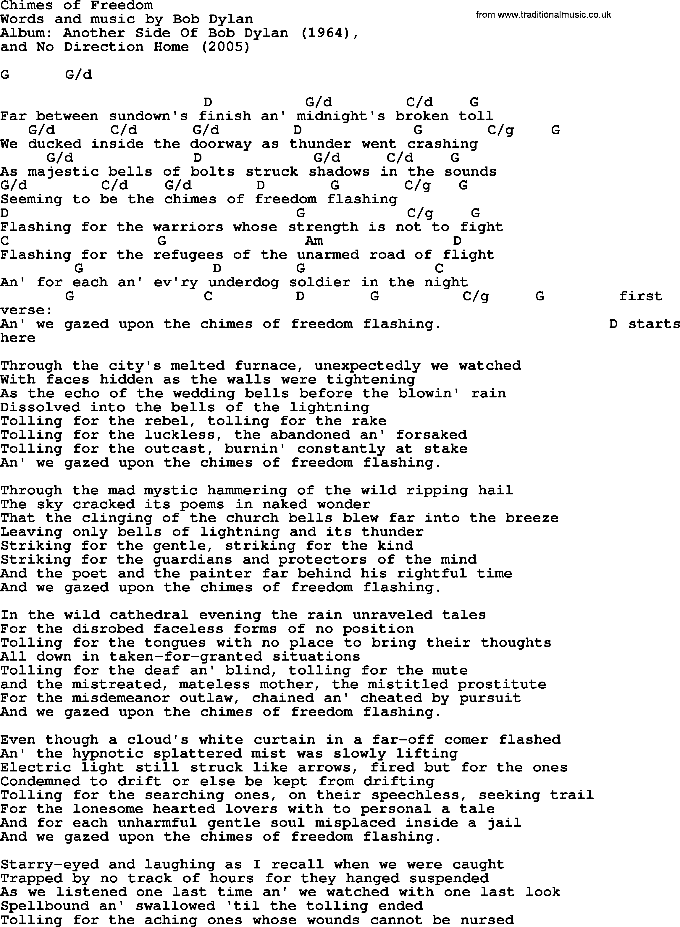 Bob Dylan song, lyrics with chords - Chimes of Freedom