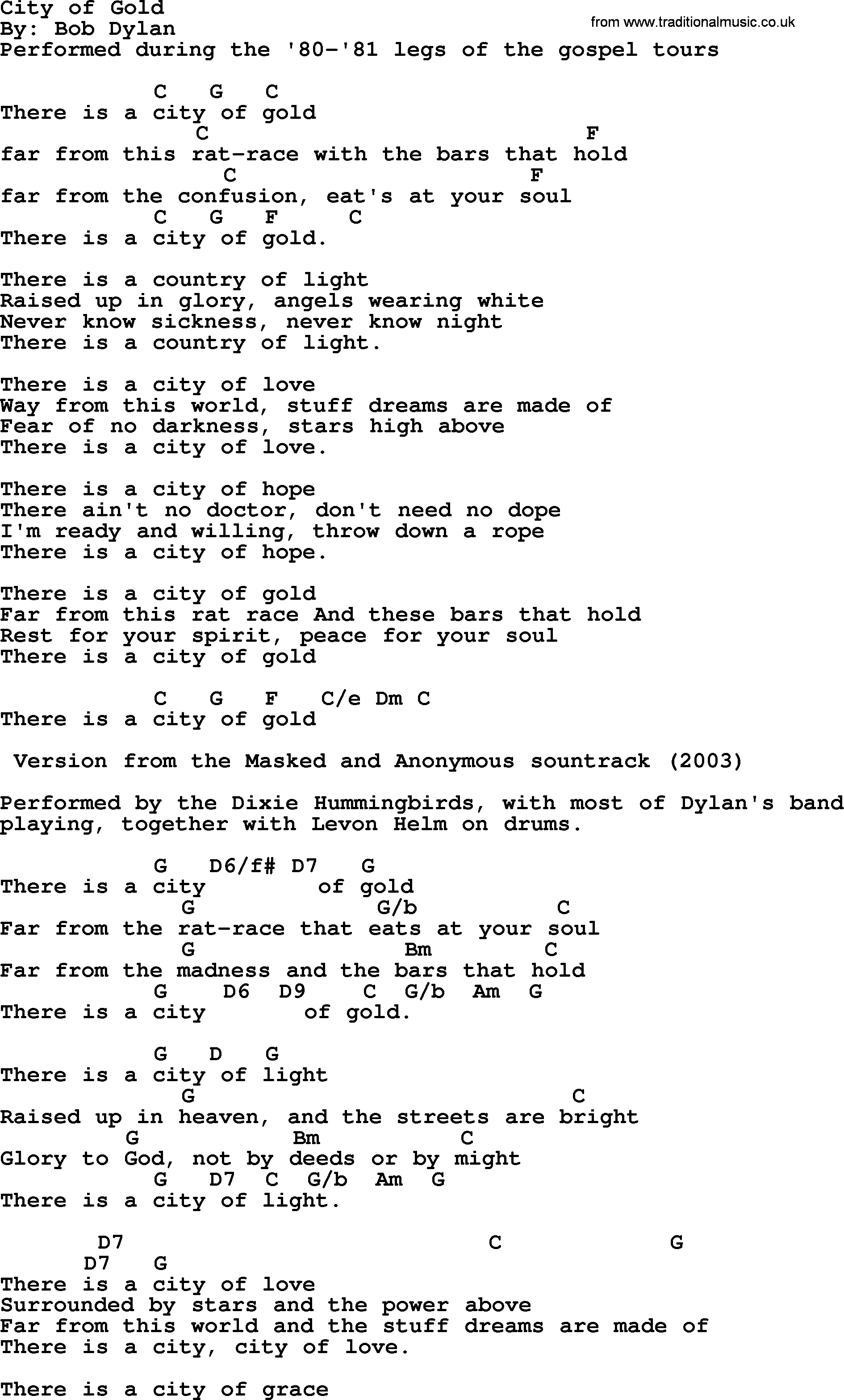 Bob Dylan song, lyrics with chords - City of Gold