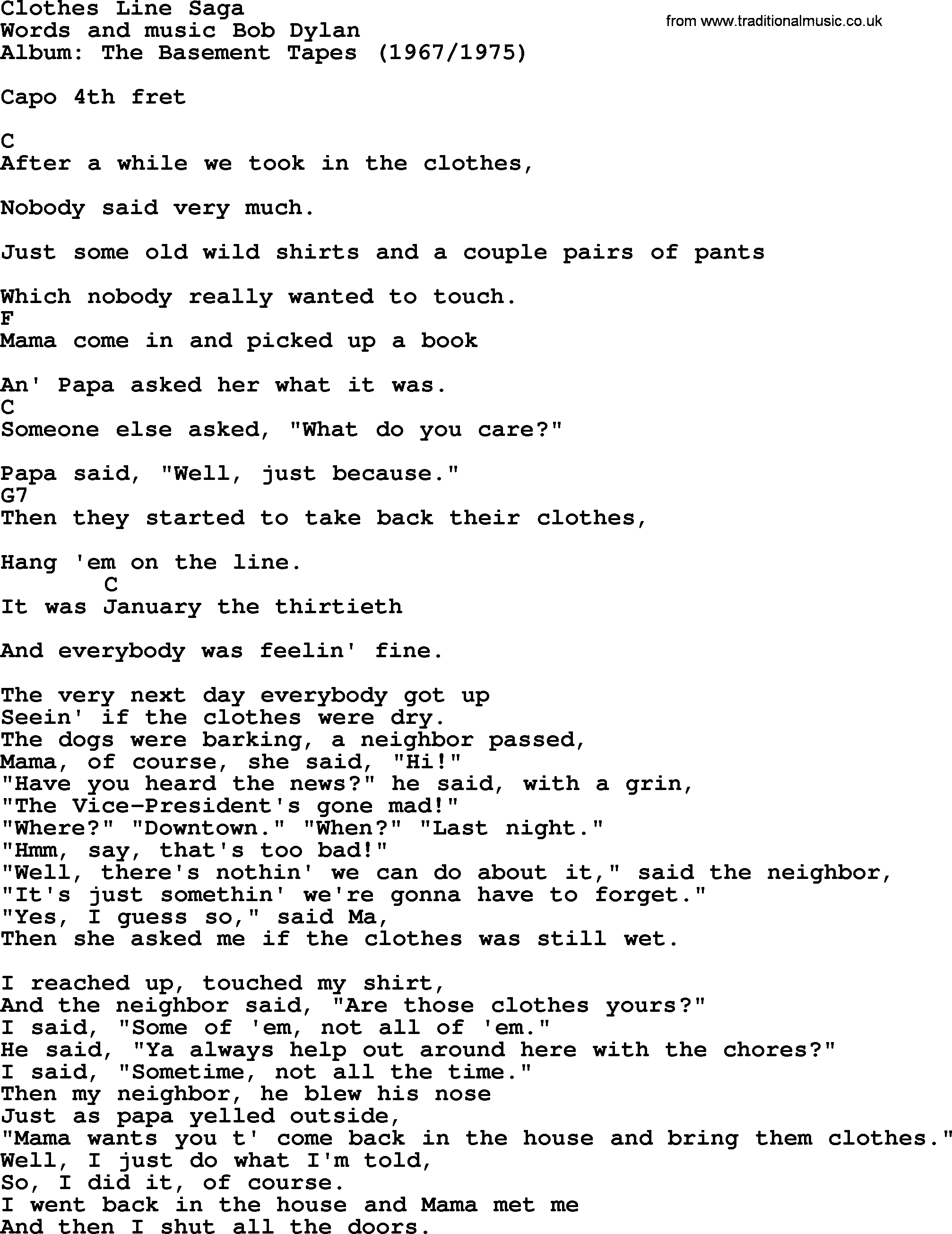 Bob Dylan song, lyrics with chords - Clothes Line Saga