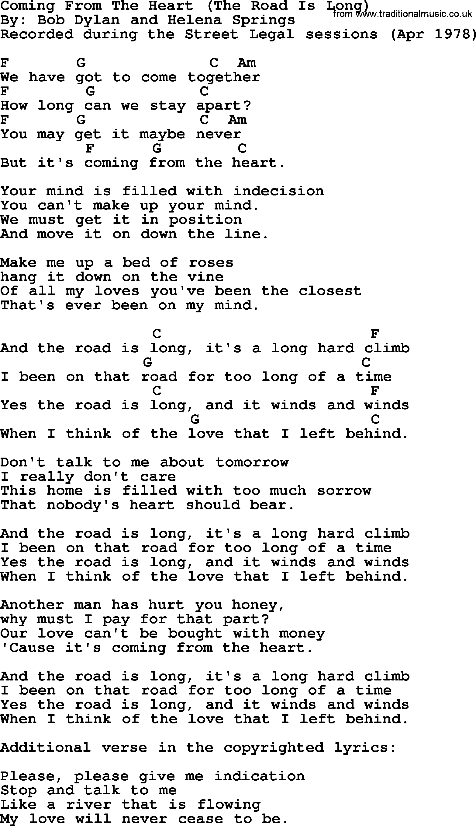 Bob Dylan song, lyrics with chords - Coming From The Heart (The Road Is Long)