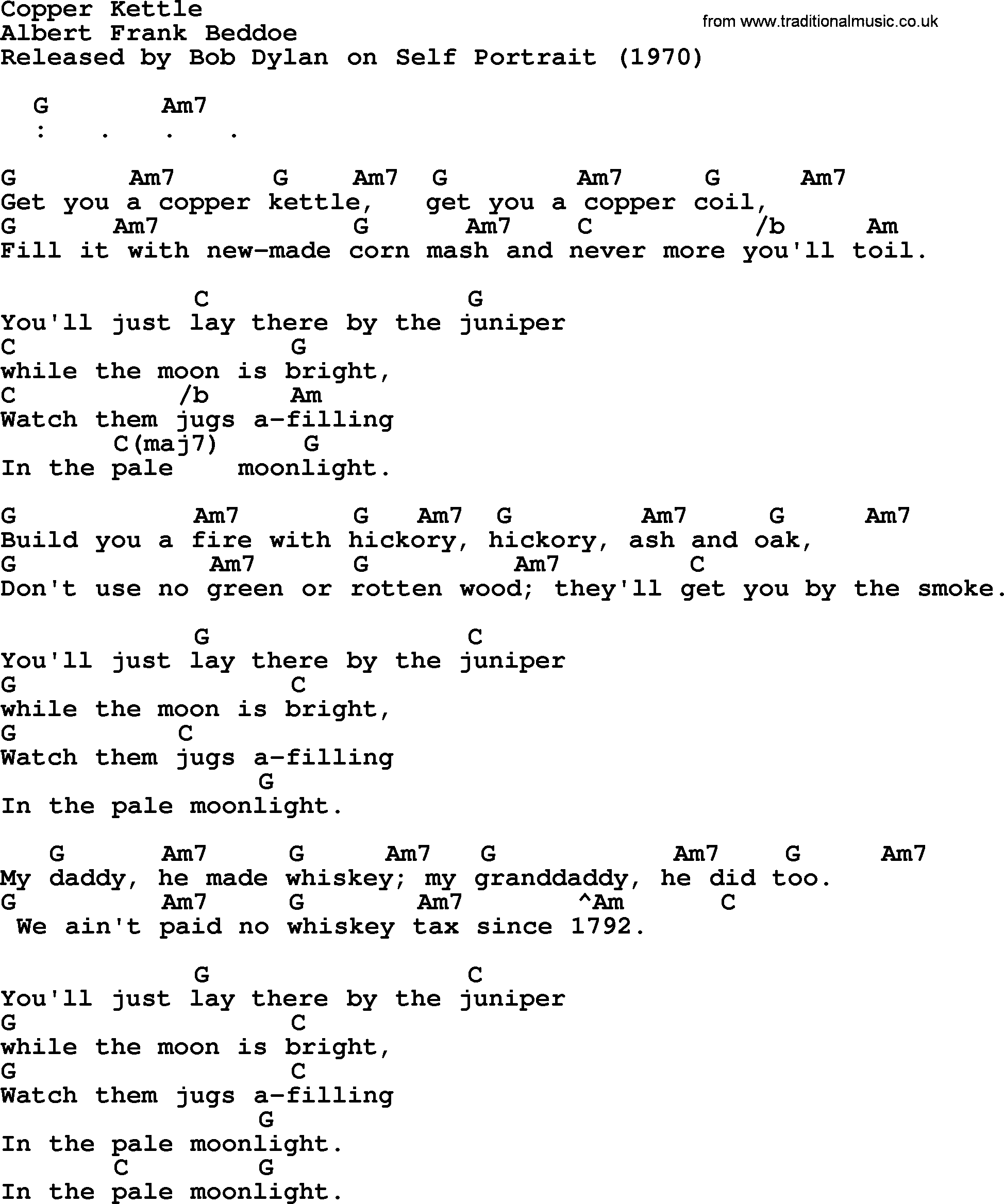 Bob Dylan song, lyrics with chords - Copper Kettle