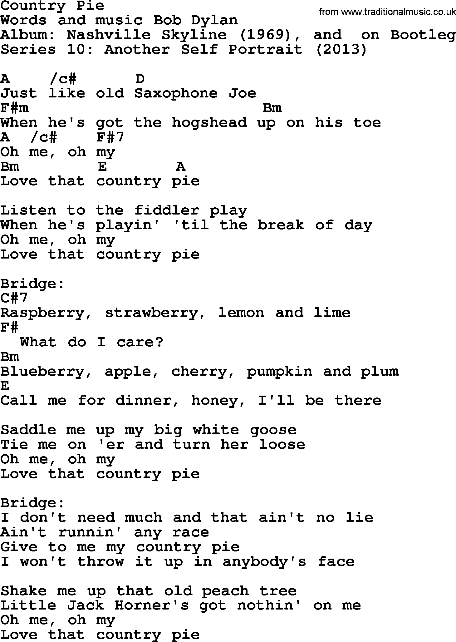 Bob Dylan song, lyrics with chords - Country Pie