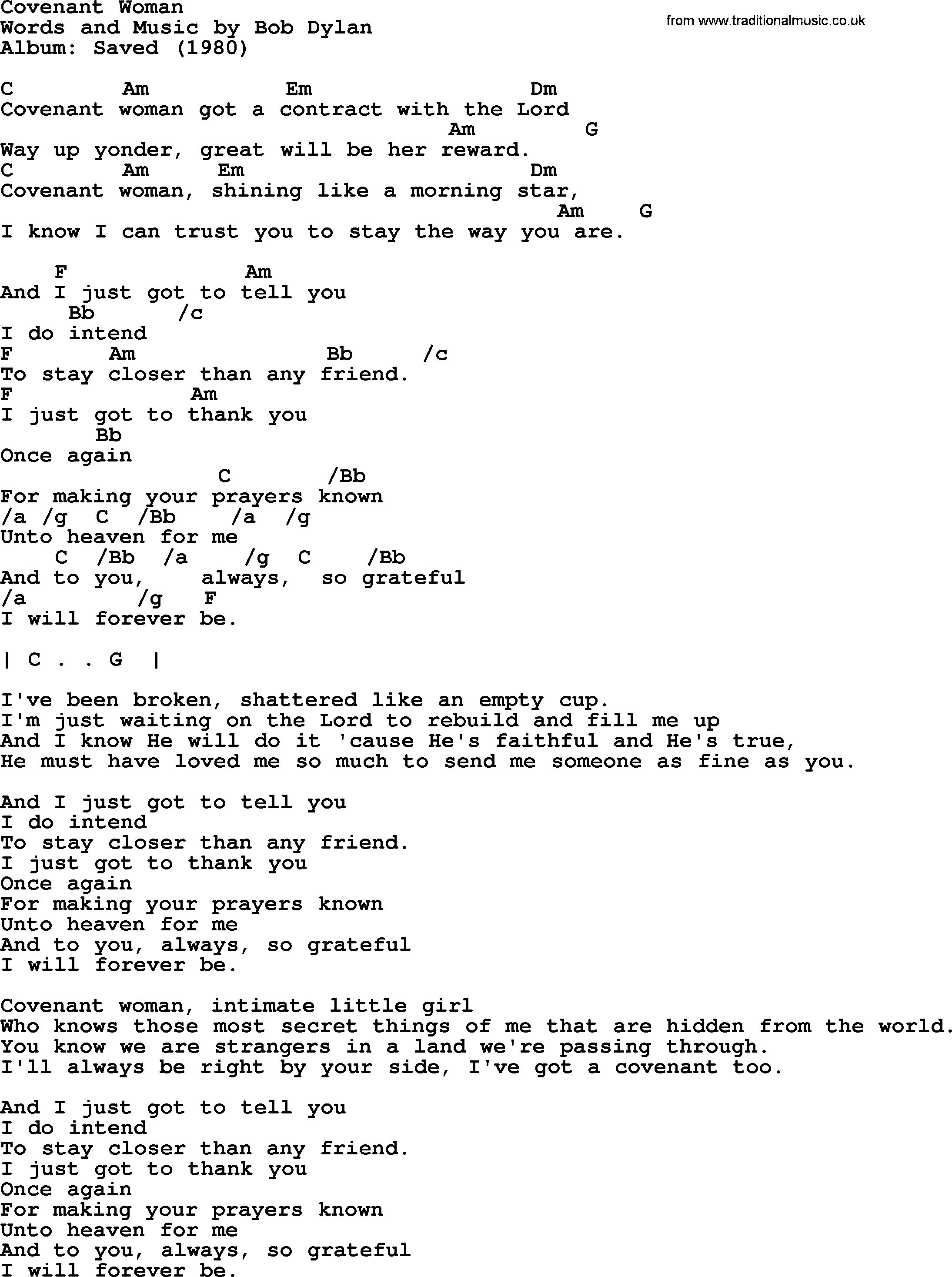 Bob Dylan song, lyrics with chords - Covenant Woman