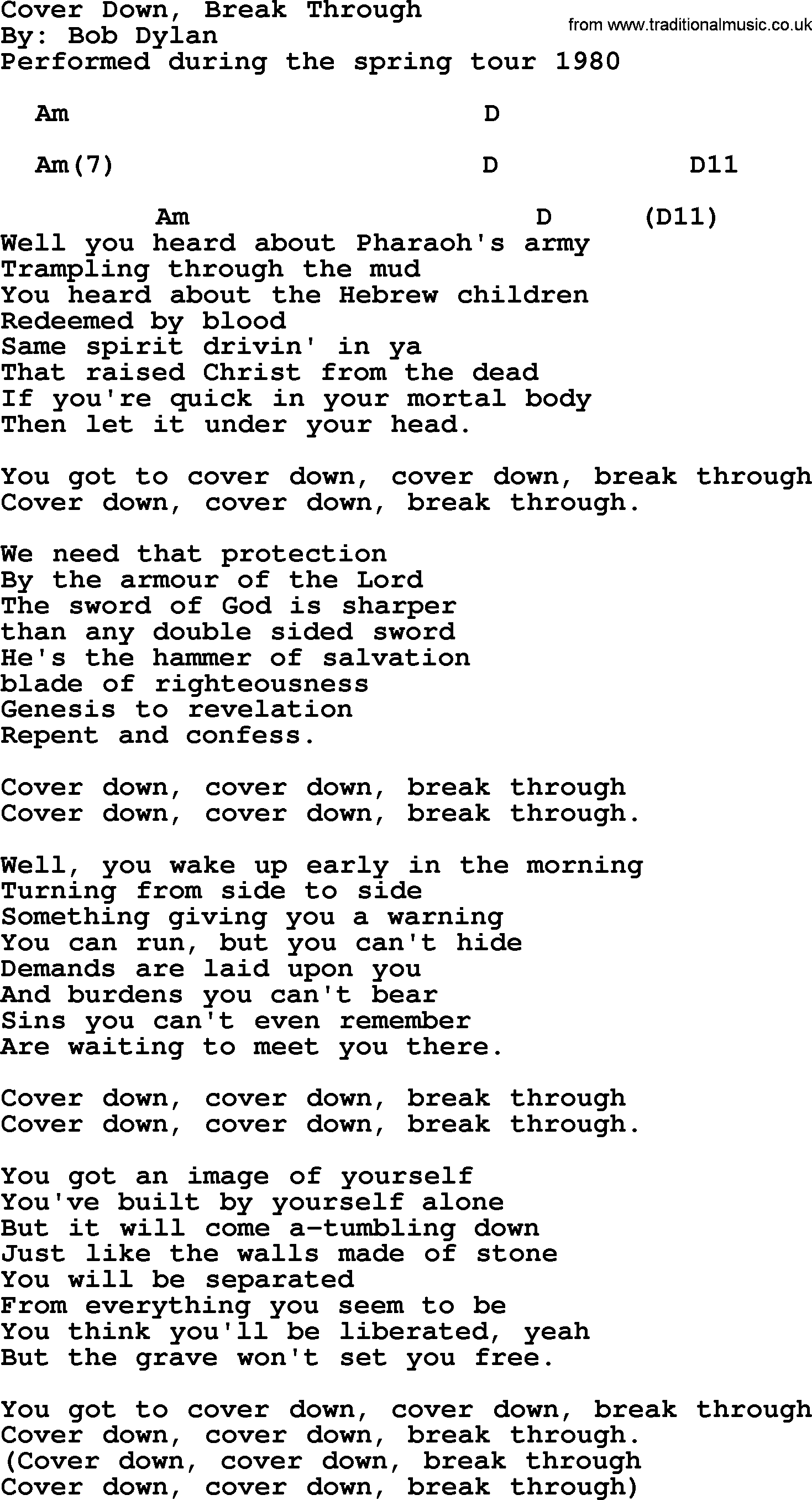 Bob Dylan song, lyrics with chords - Cover Down, Break Through